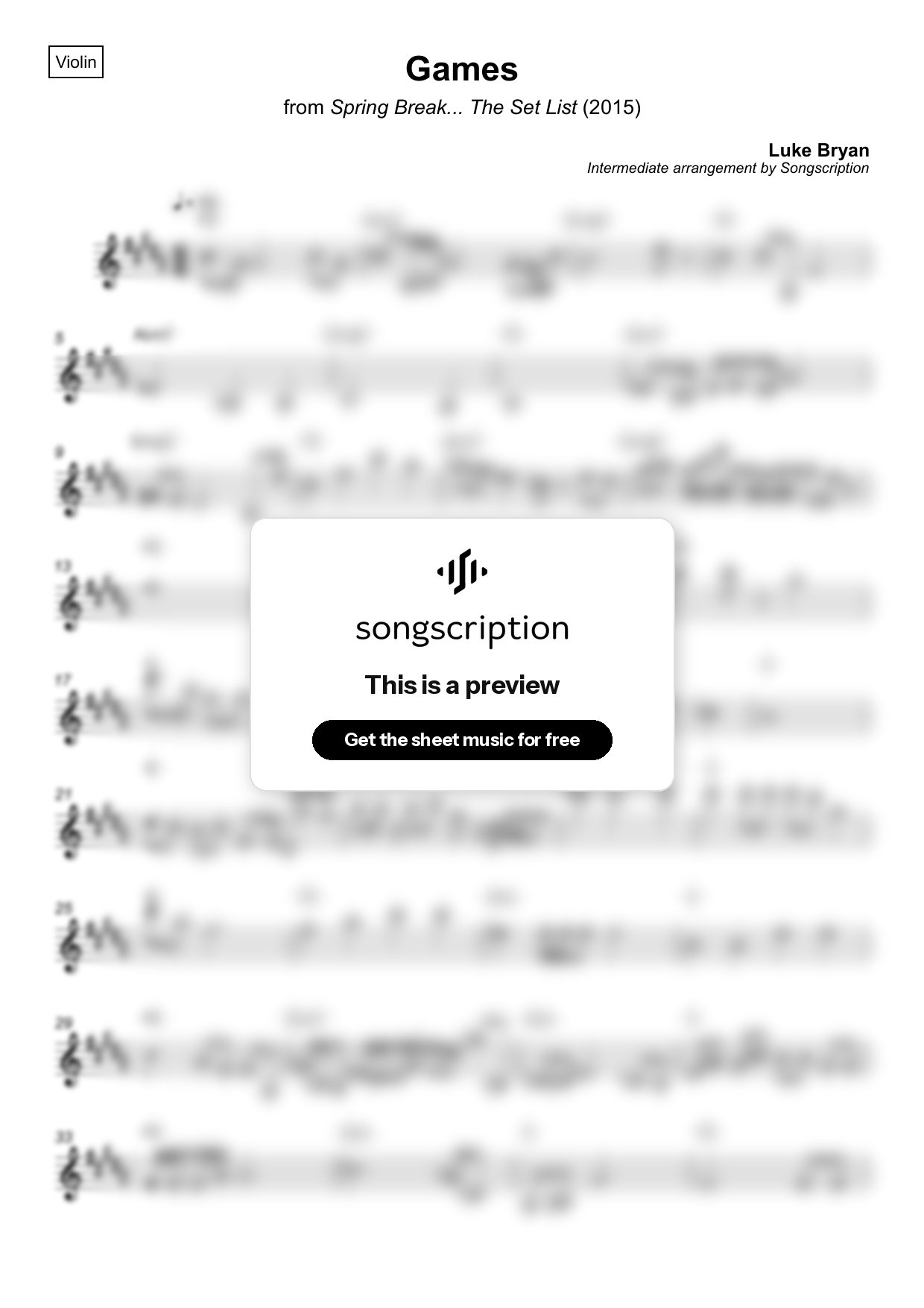 Intermediate Violin Sheet Music for "Games" by Luke Bryan