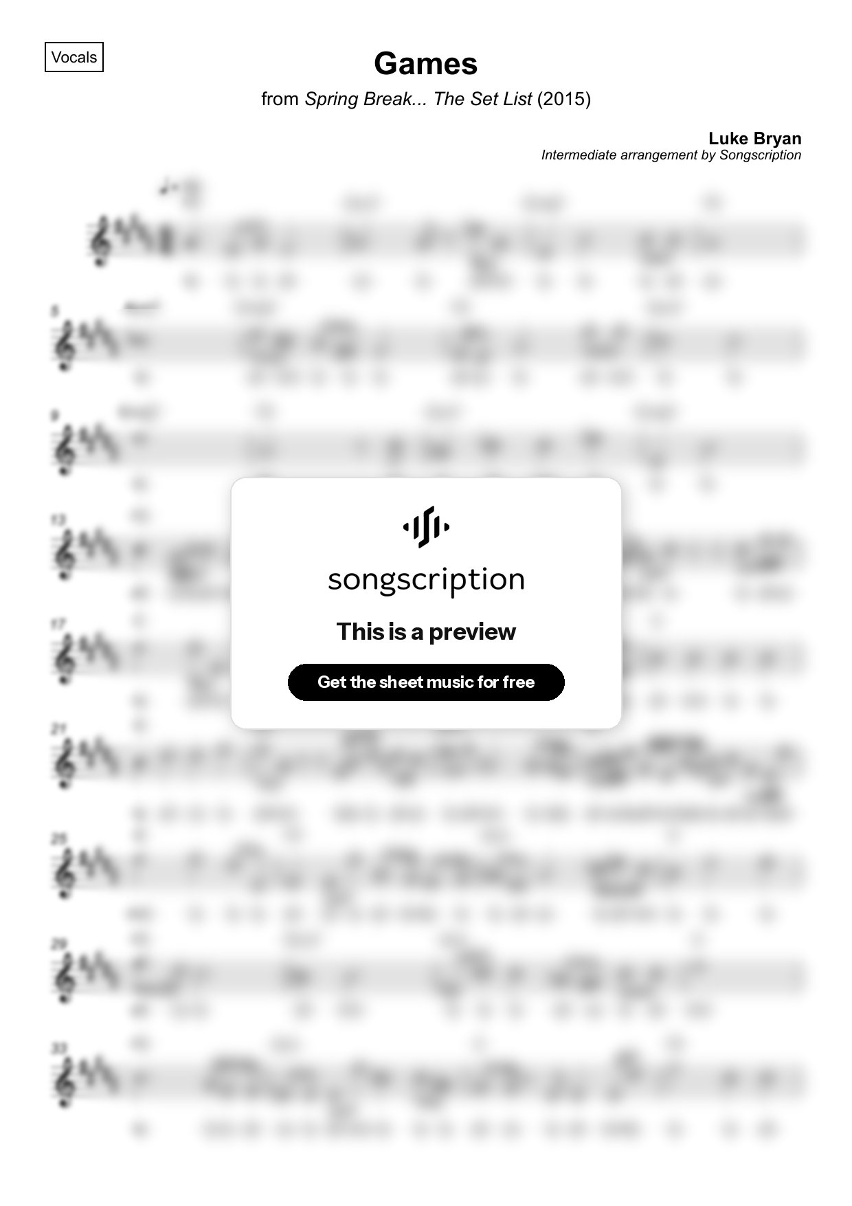 Intermediate Vocals Sheet Music for "Games" by Luke Bryan