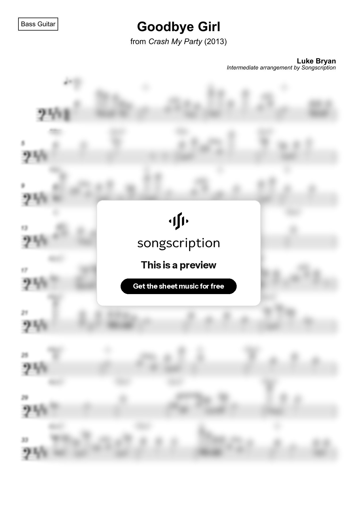 Intermediate Bass Guitar Sheet Music for "Goodbye Girl" by Luke Bryan