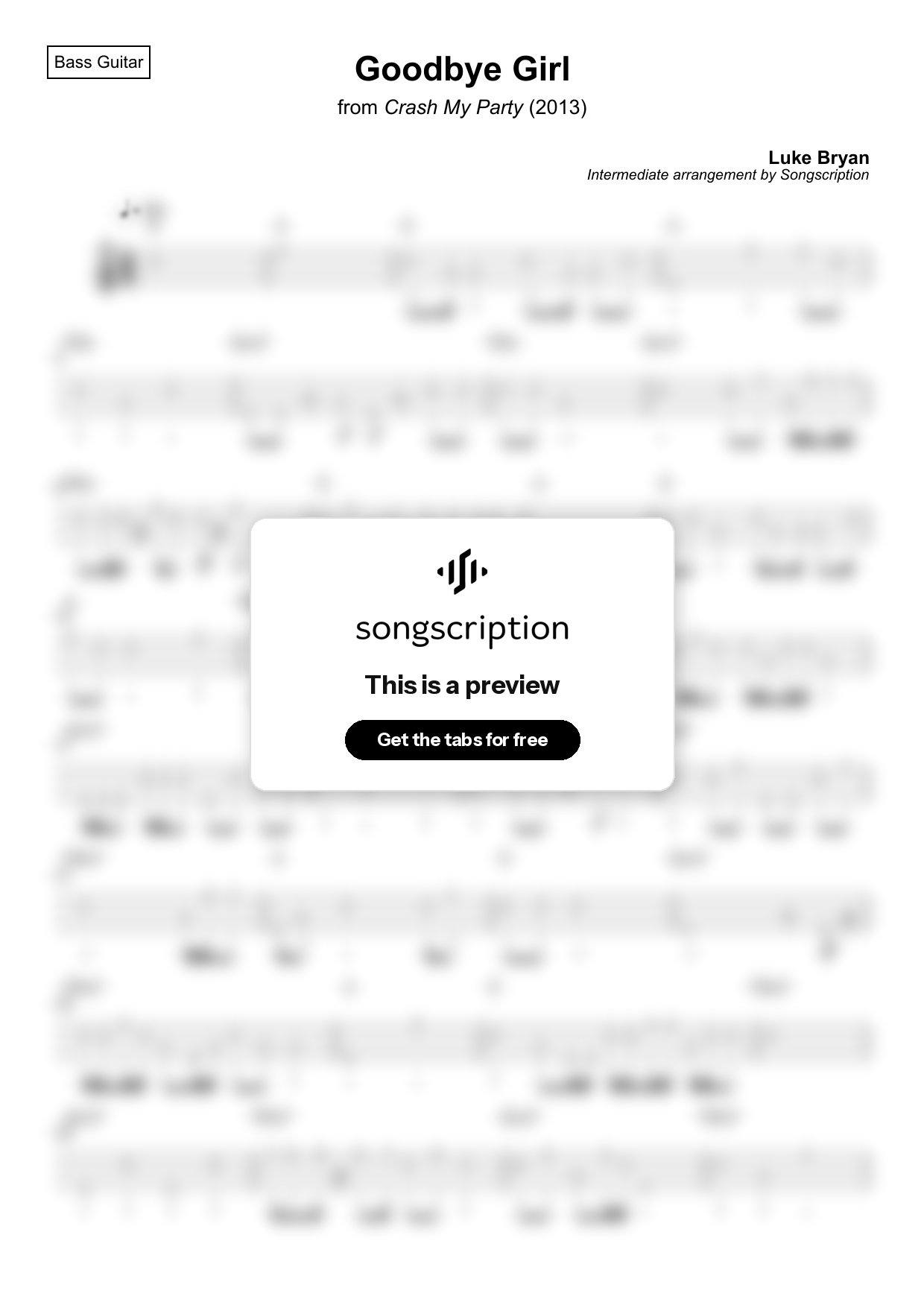 Intermediate Bass Guitar Tabs for "Goodbye Girl" by Luke Bryan