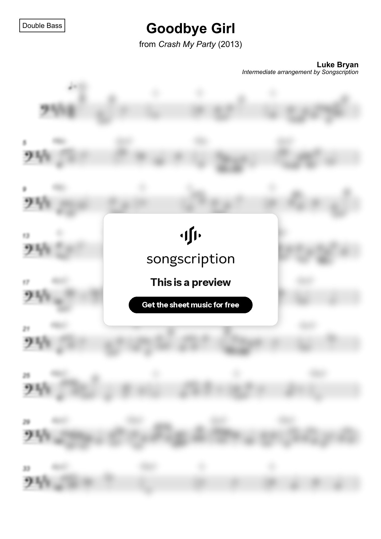 Intermediate Double Bass Sheet Music for "Goodbye Girl" by Luke Bryan