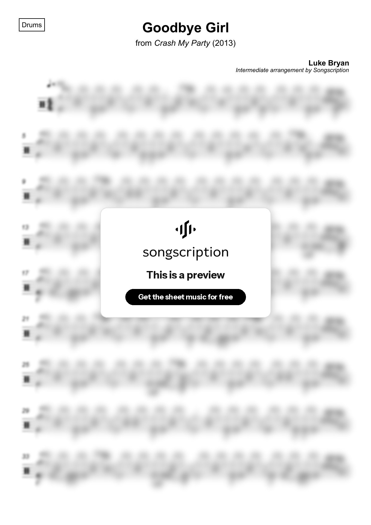 Intermediate Drums Sheet Music for "Goodbye Girl" by Luke Bryan