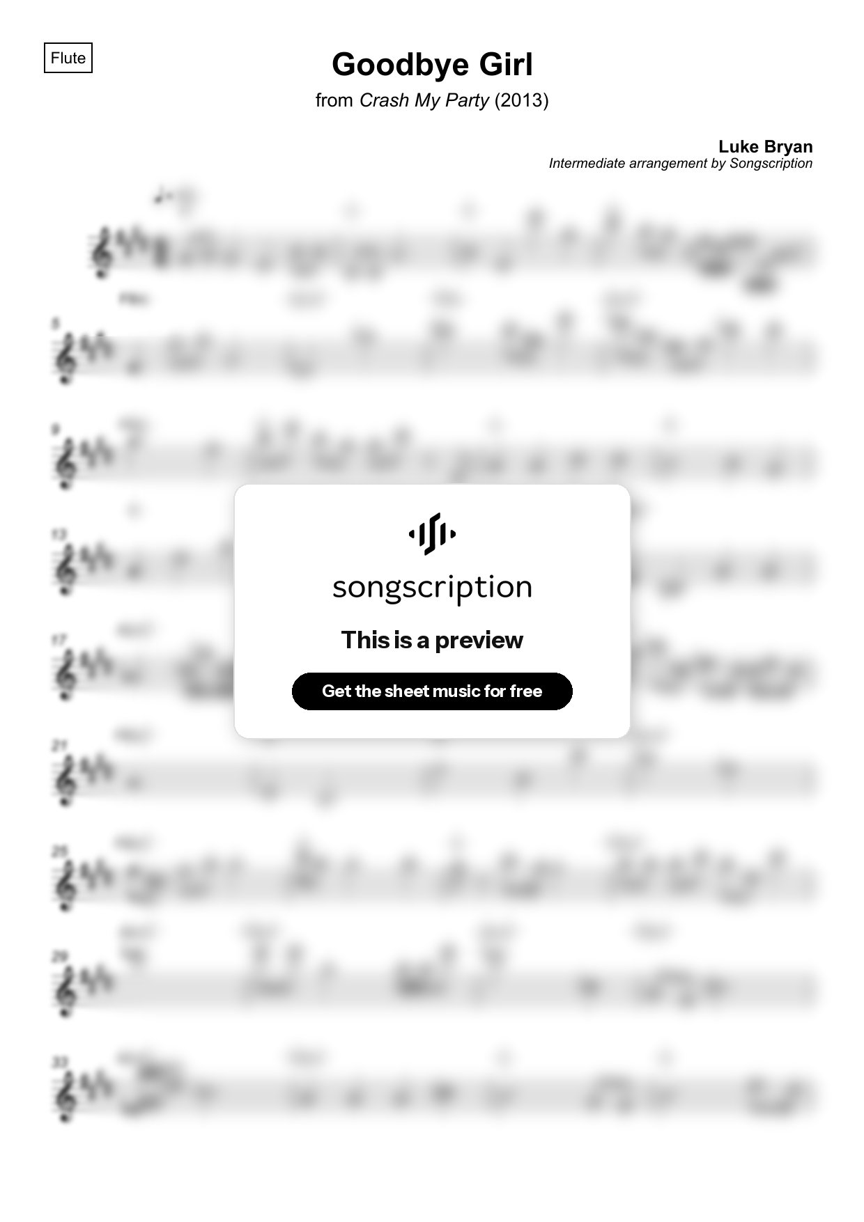 Intermediate Flute Sheet Music for "Goodbye Girl" by Luke Bryan