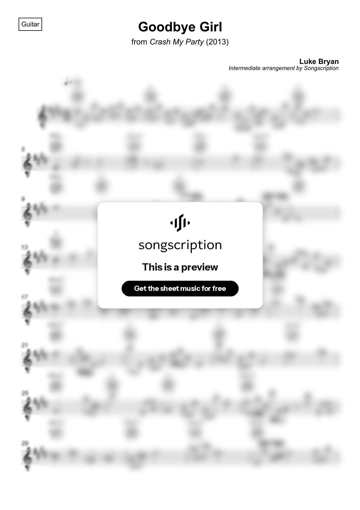 Intermediate Acoustic Guitar Sheet Music for "Goodbye Girl" by Luke Bryan