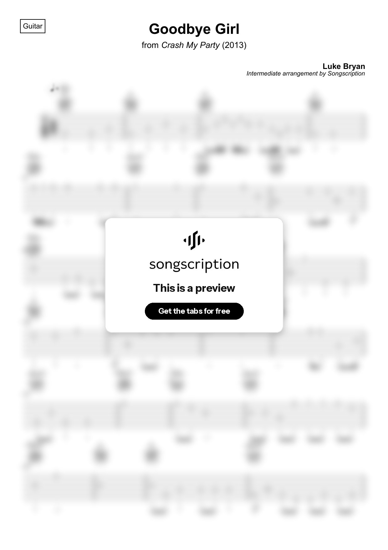 Intermediate Acoustic Guitar Tabs for "Goodbye Girl" by Luke Bryan