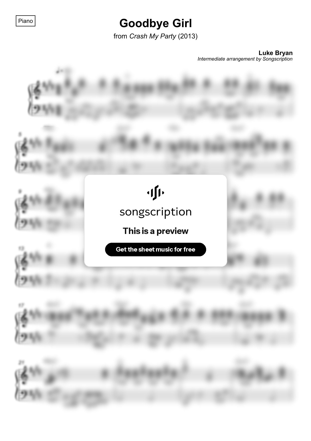 Intermediate Piano Sheet Music for "Goodbye Girl" by Luke Bryan