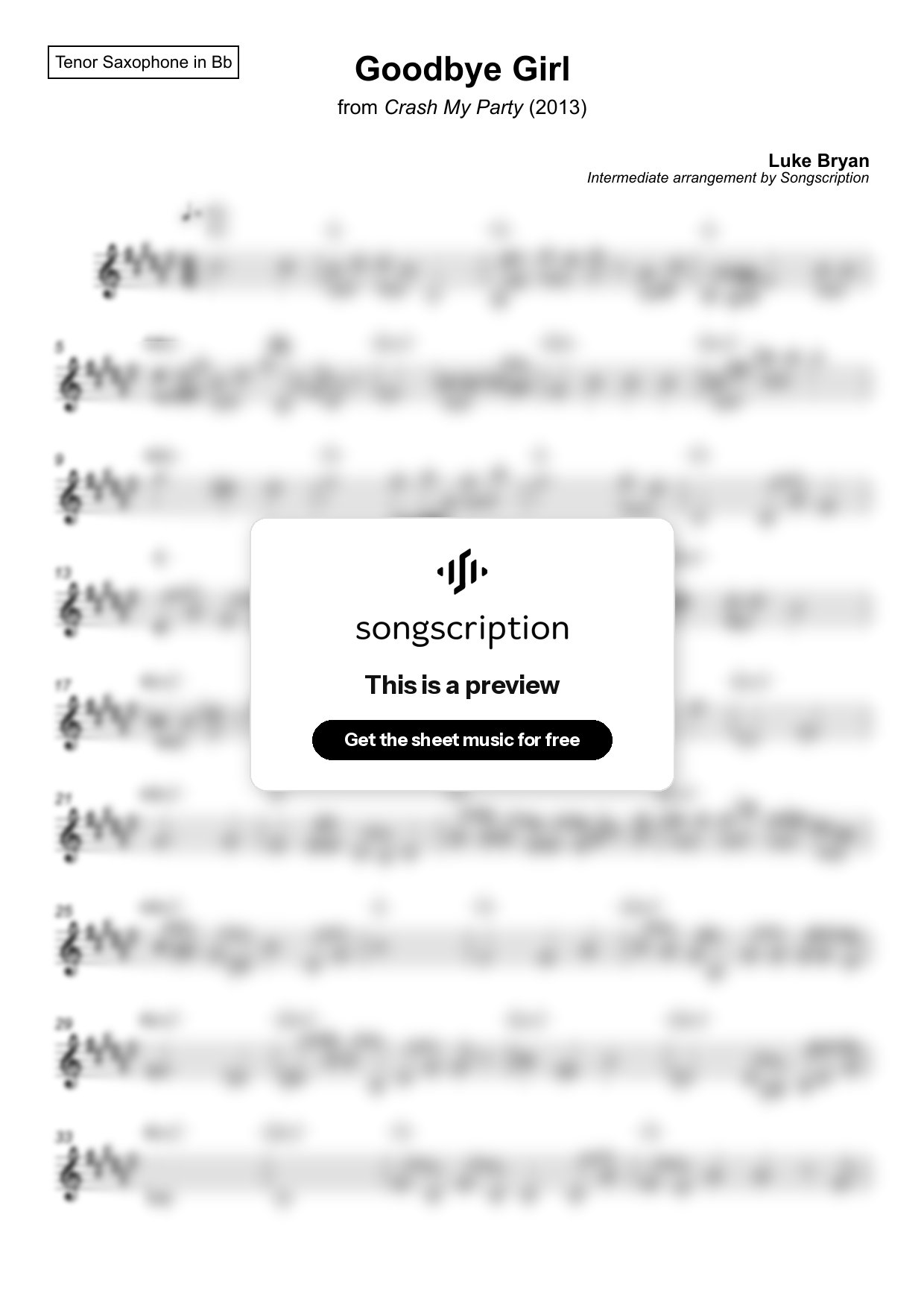 Intermediate Tenor Sax Sheet Music for "Goodbye Girl" by Luke Bryan