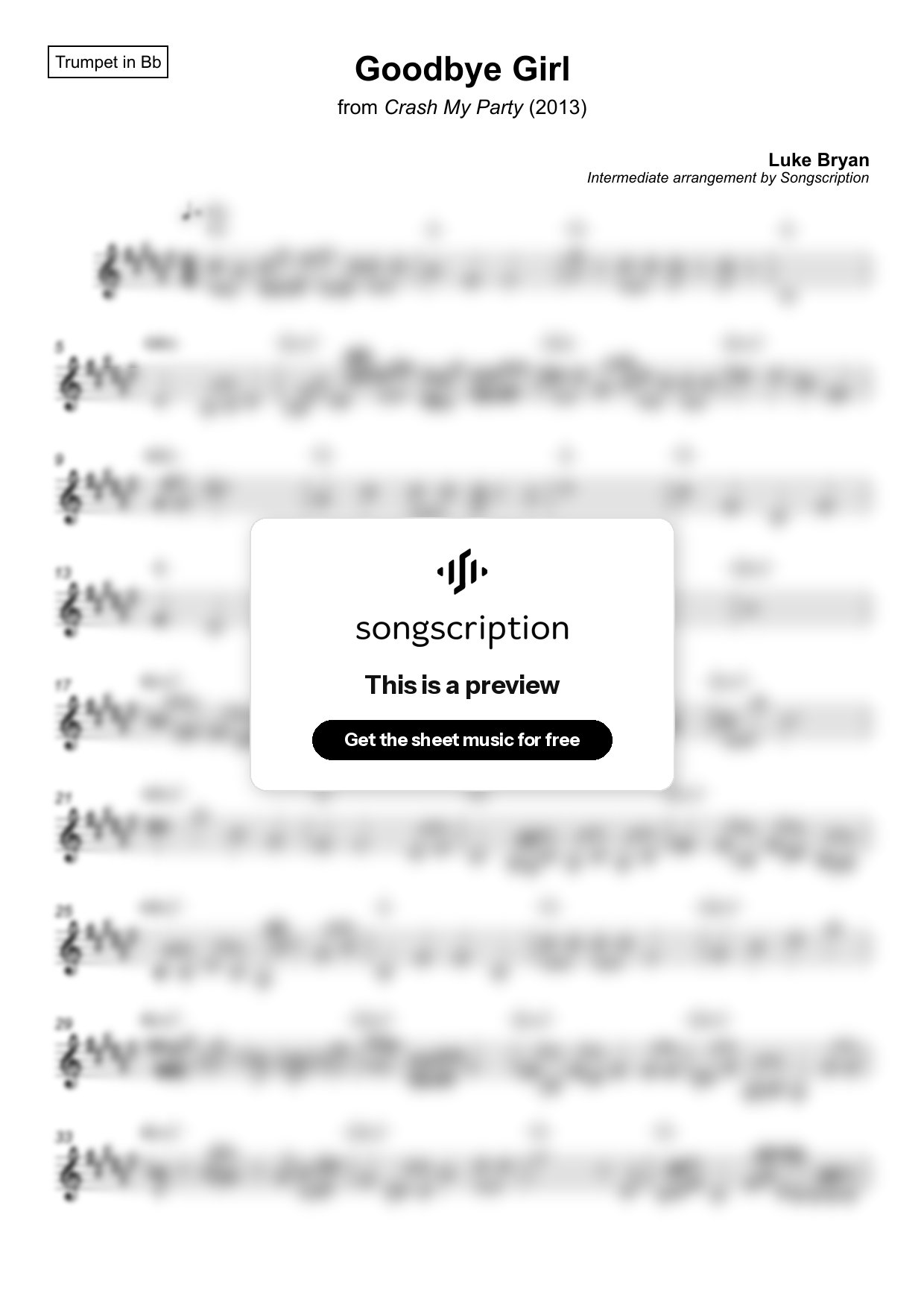 Intermediate Trumpet Sheet Music for "Goodbye Girl" by Luke Bryan