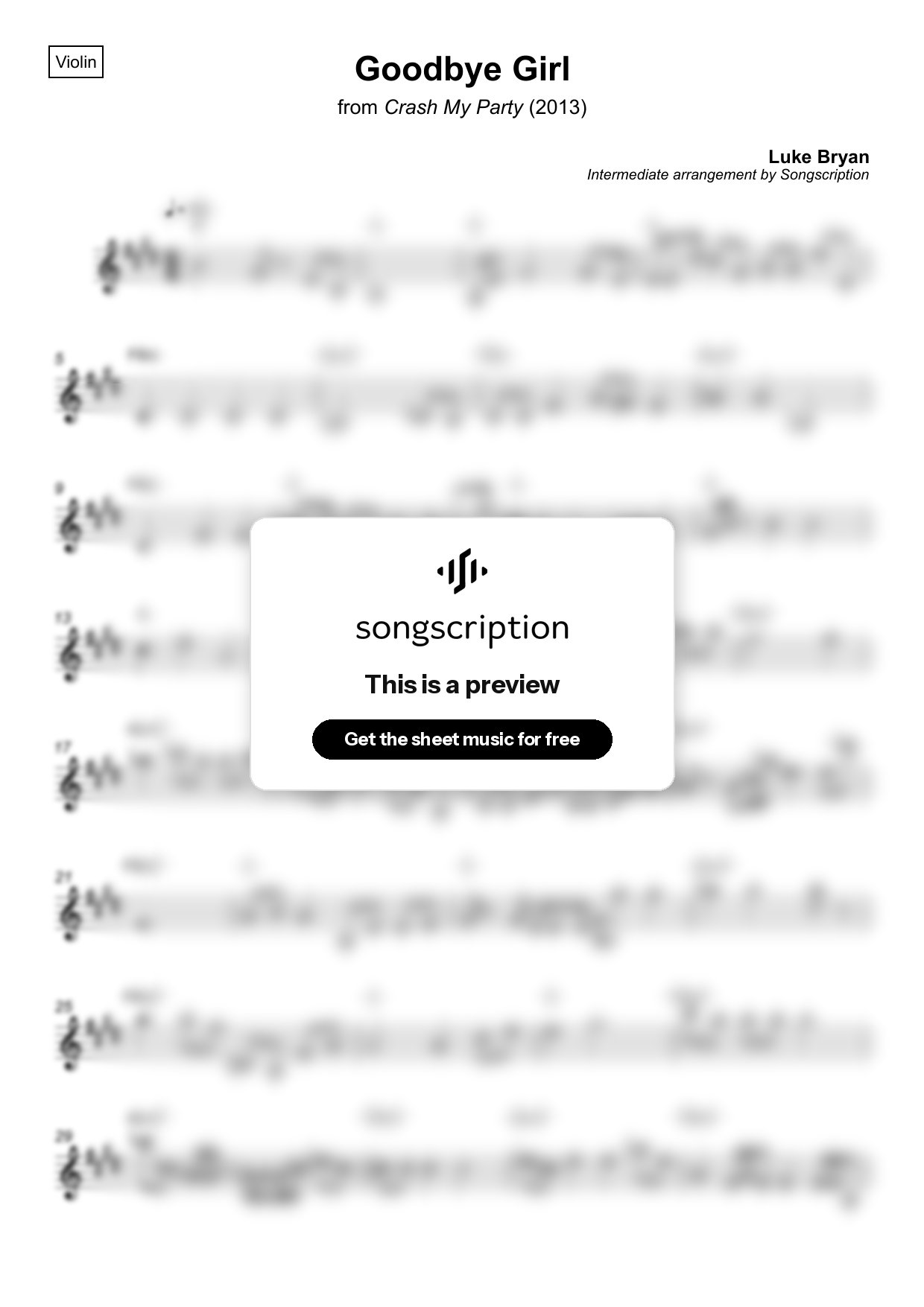 Intermediate Violin Sheet Music for "Goodbye Girl" by Luke Bryan