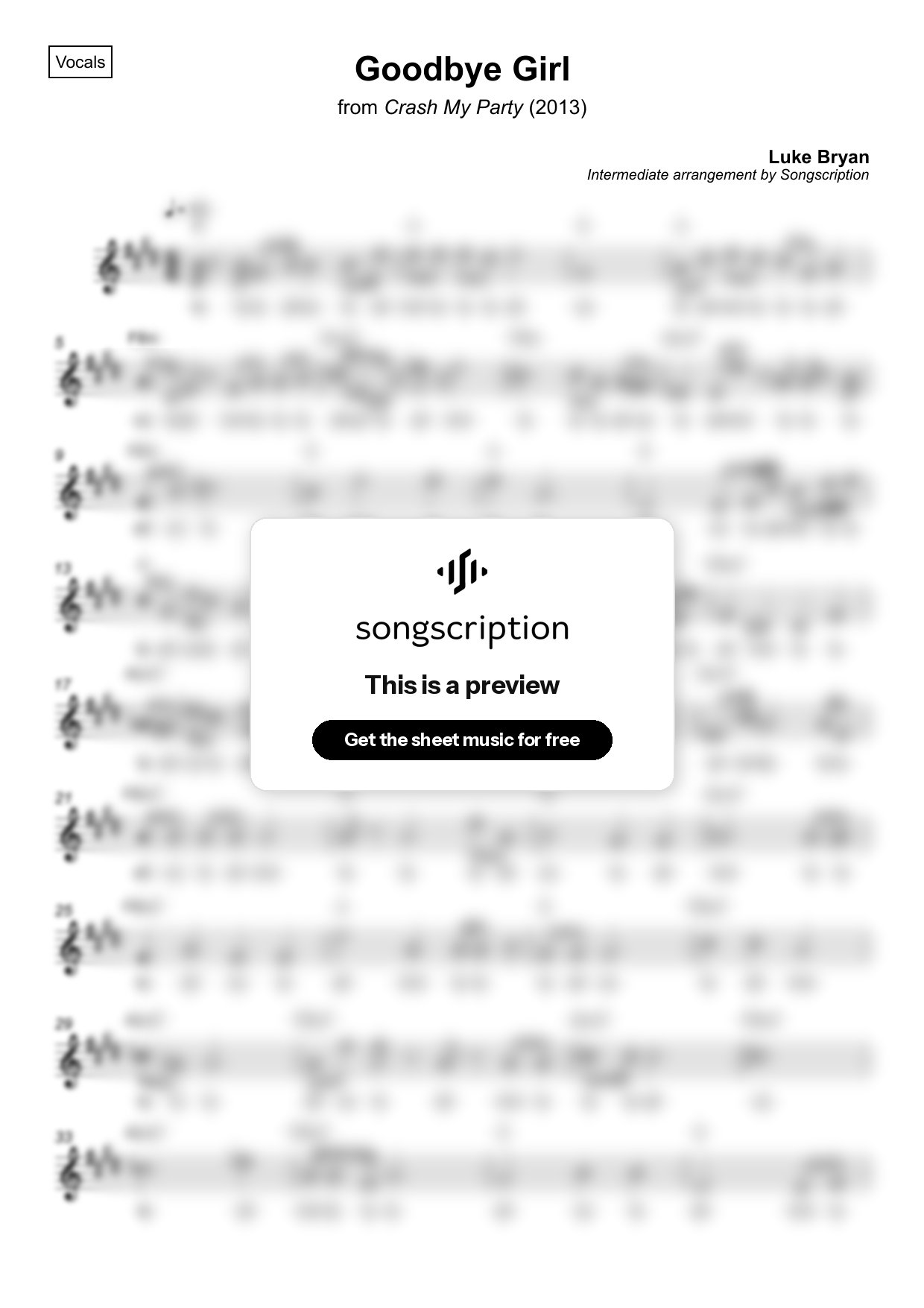 Intermediate Vocals Sheet Music for "Goodbye Girl" by Luke Bryan
