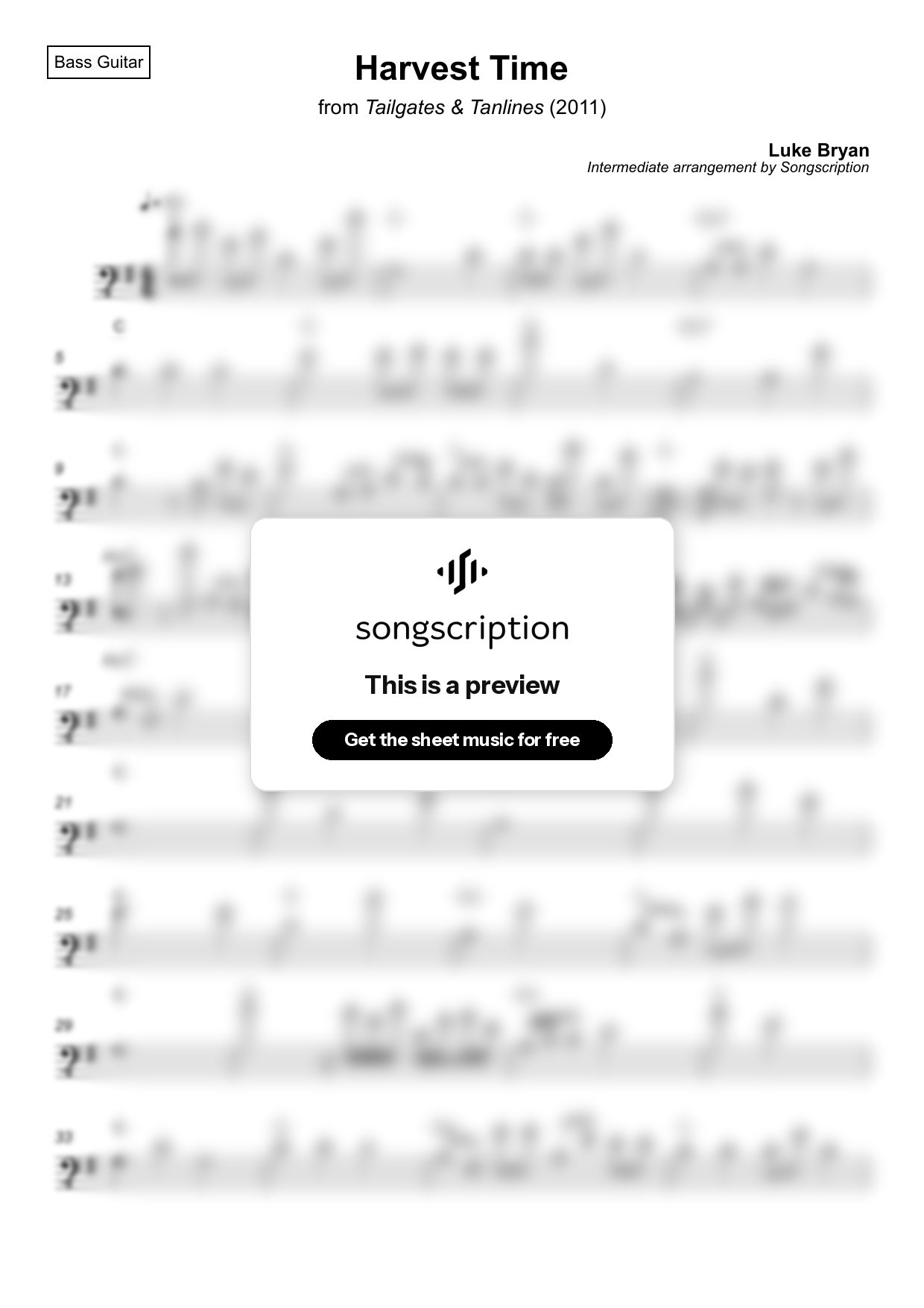 Intermediate Bass Guitar Sheet Music for "Harvest Time" by Luke Bryan