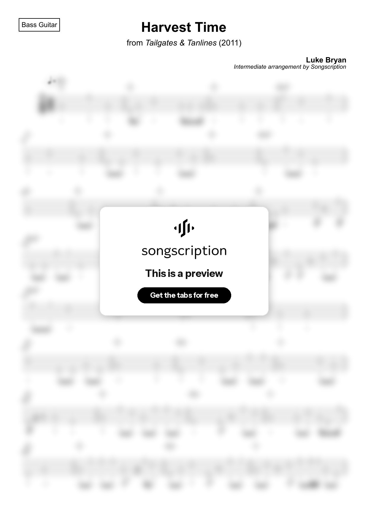 Intermediate Bass Guitar Tabs for "Harvest Time" by Luke Bryan