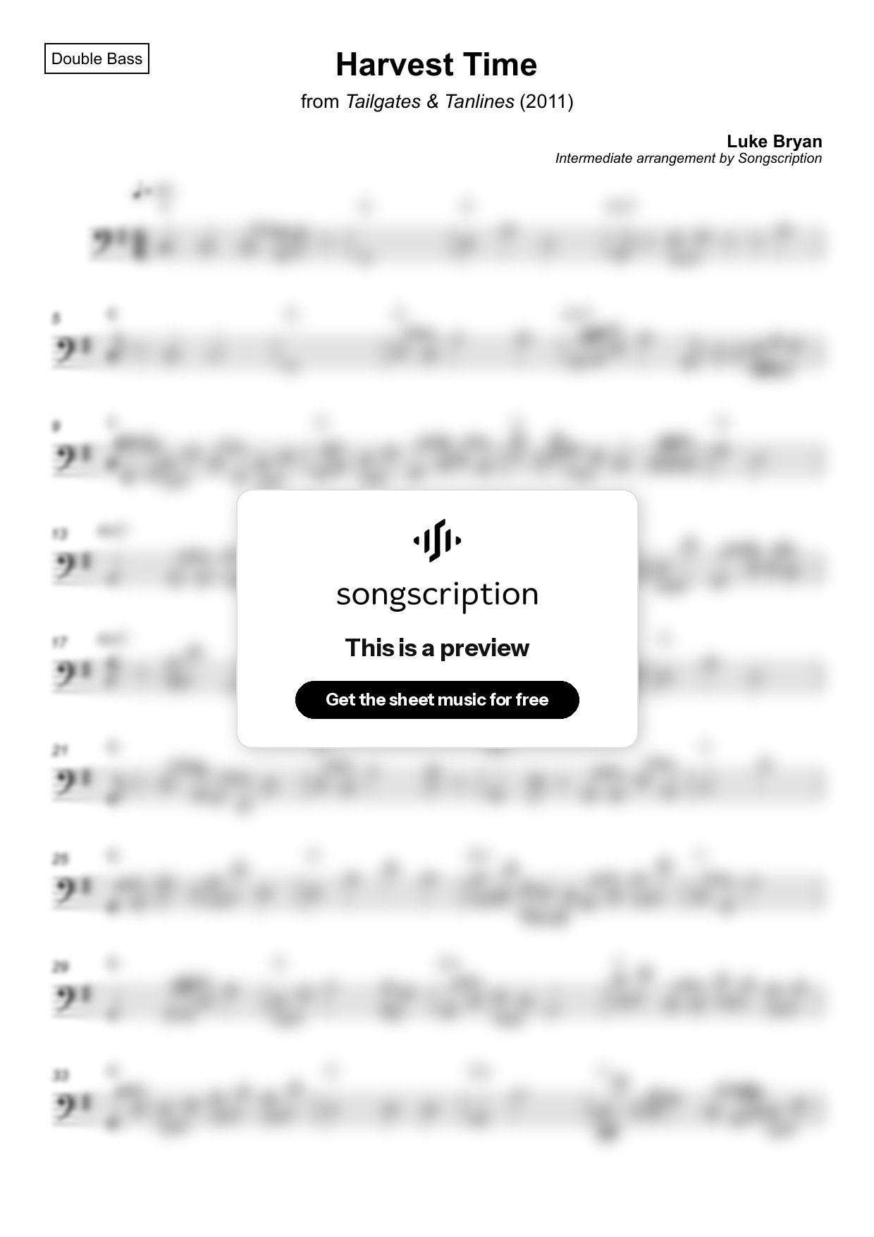 Intermediate Double Bass Sheet Music for "Harvest Time" by Luke Bryan