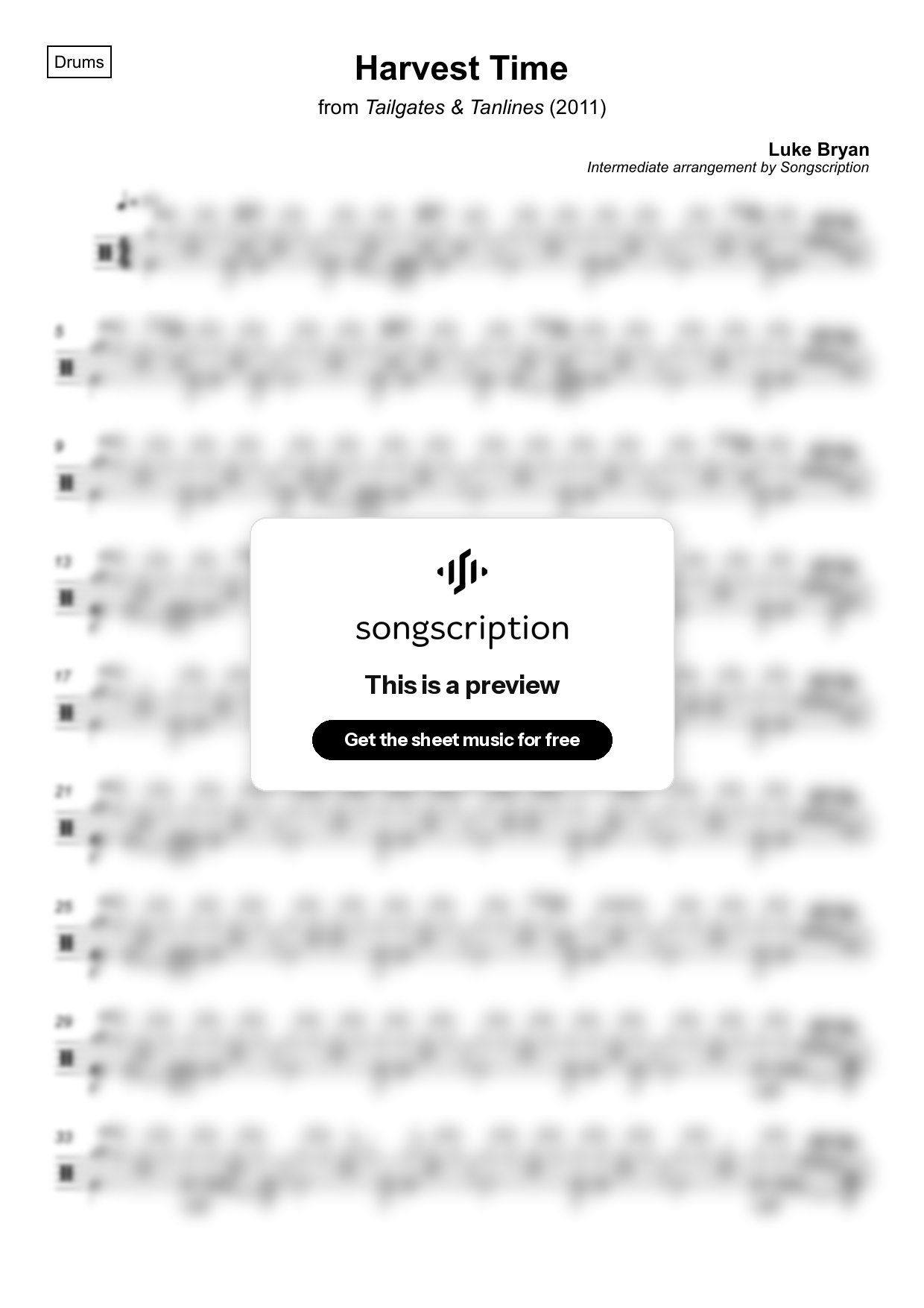 Intermediate Drums Sheet Music for "Harvest Time" by Luke Bryan