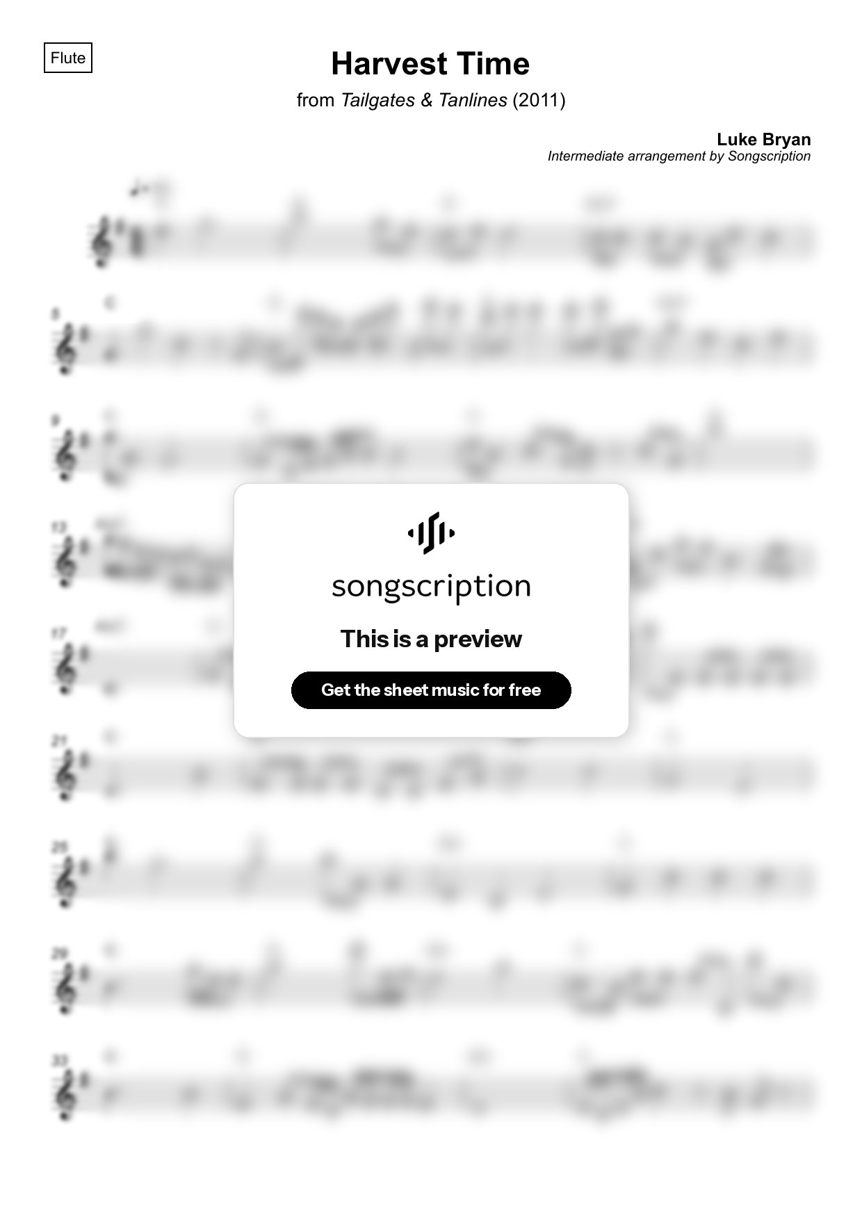 Intermediate Flute Sheet Music for "Harvest Time" by Luke Bryan