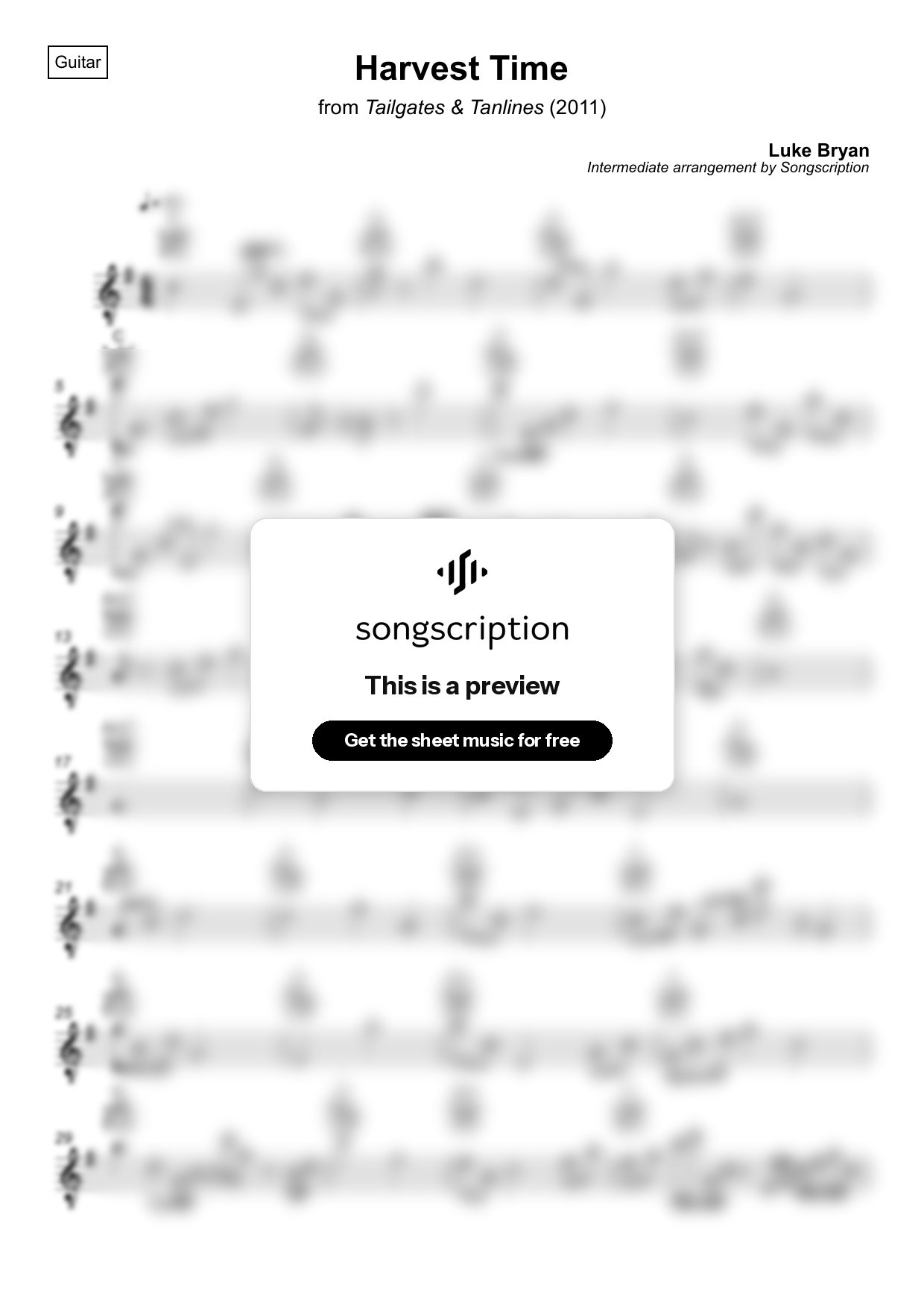 Intermediate Acoustic Guitar Sheet Music for "Harvest Time" by Luke Bryan