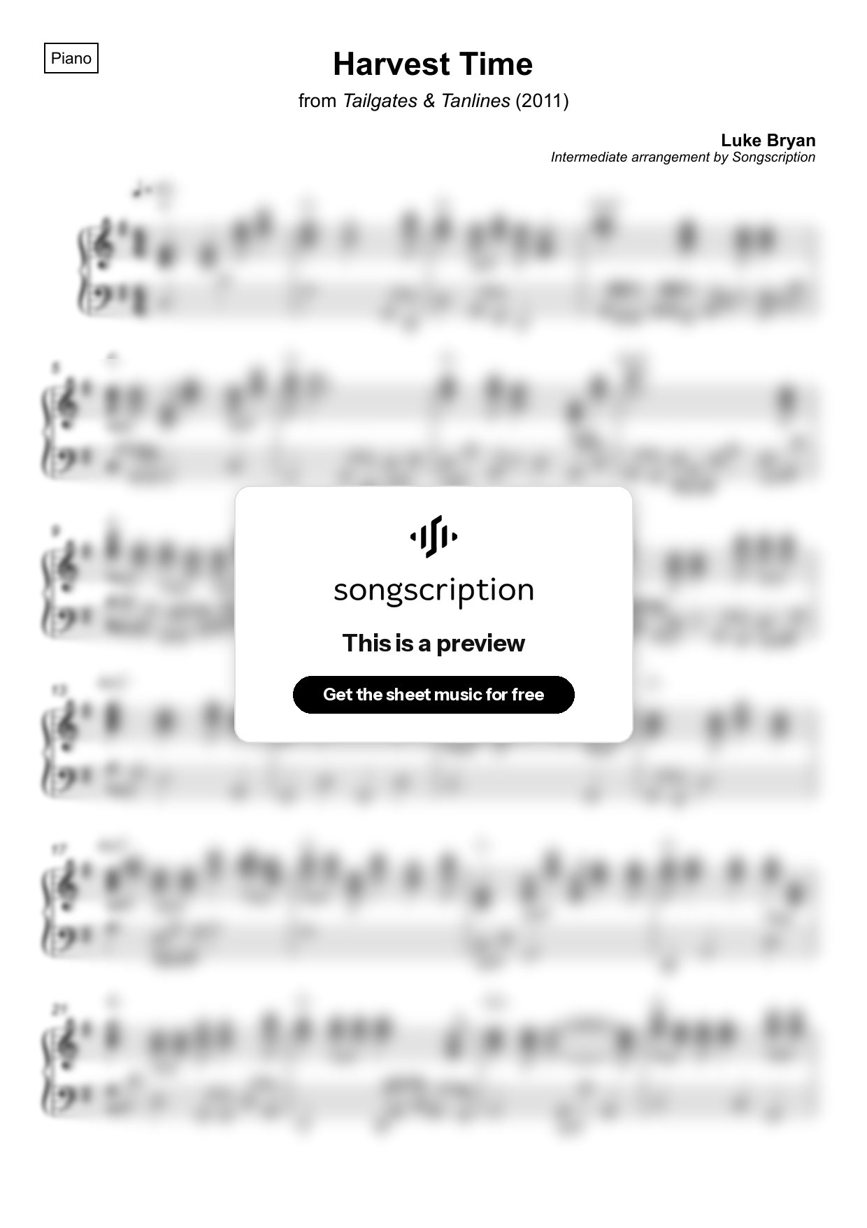 Intermediate Piano Sheet Music for "Harvest Time" by Luke Bryan