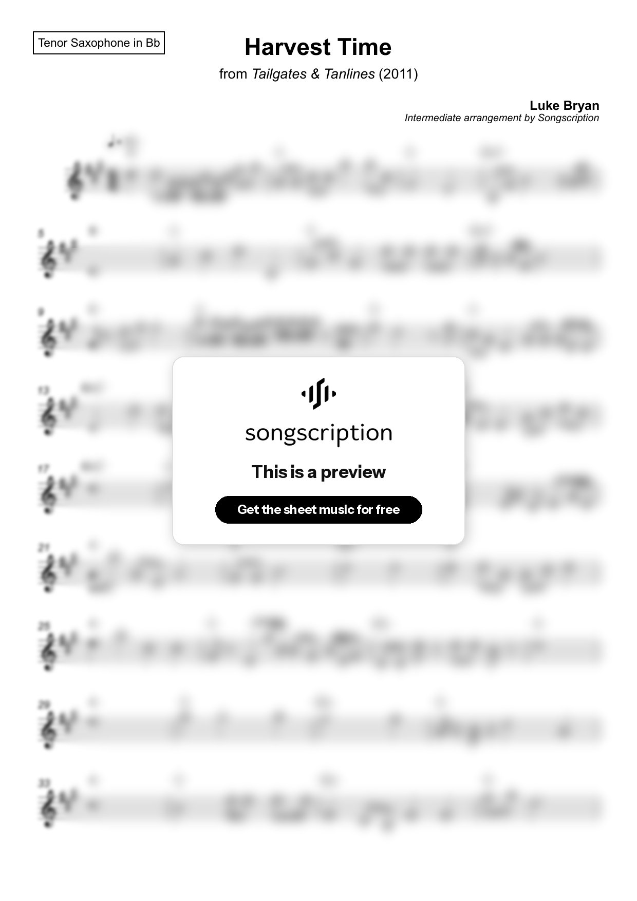 Intermediate Tenor Sax Sheet Music for "Harvest Time" by Luke Bryan