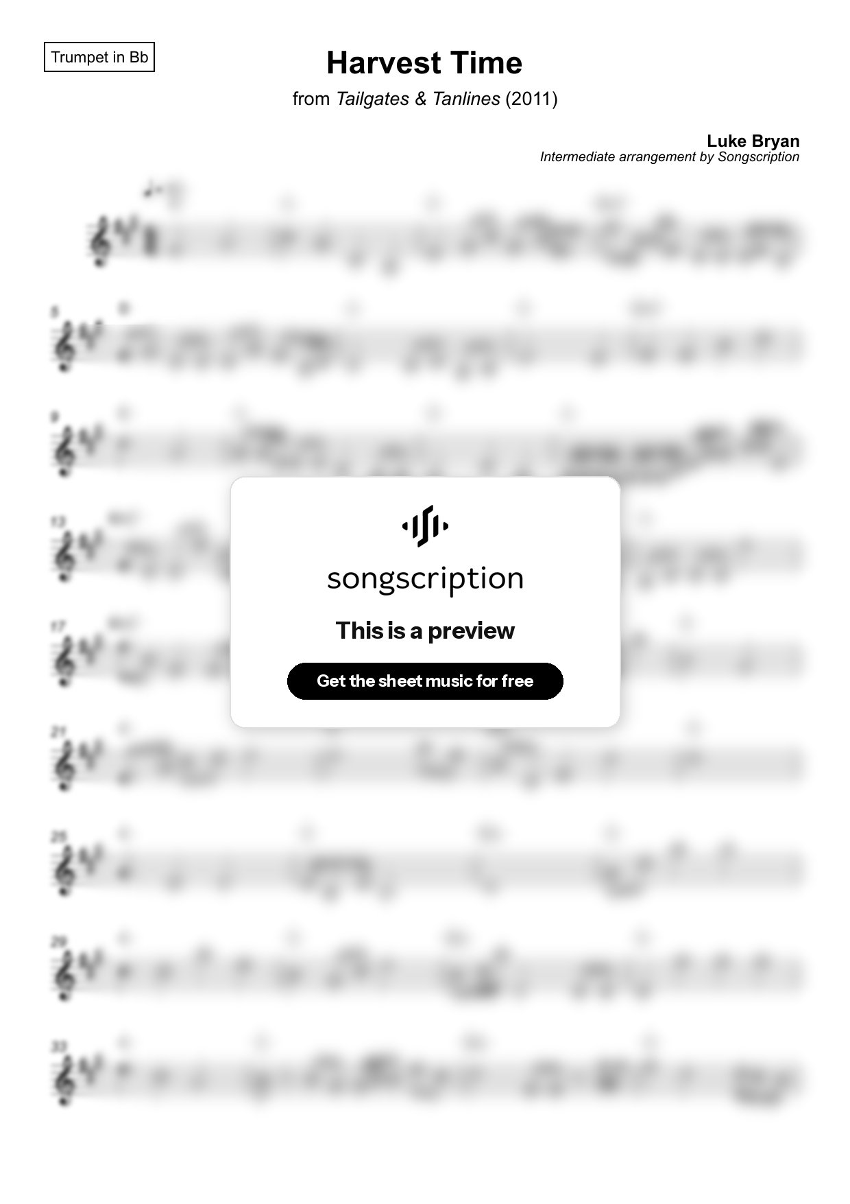 Intermediate Trumpet Sheet Music for "Harvest Time" by Luke Bryan