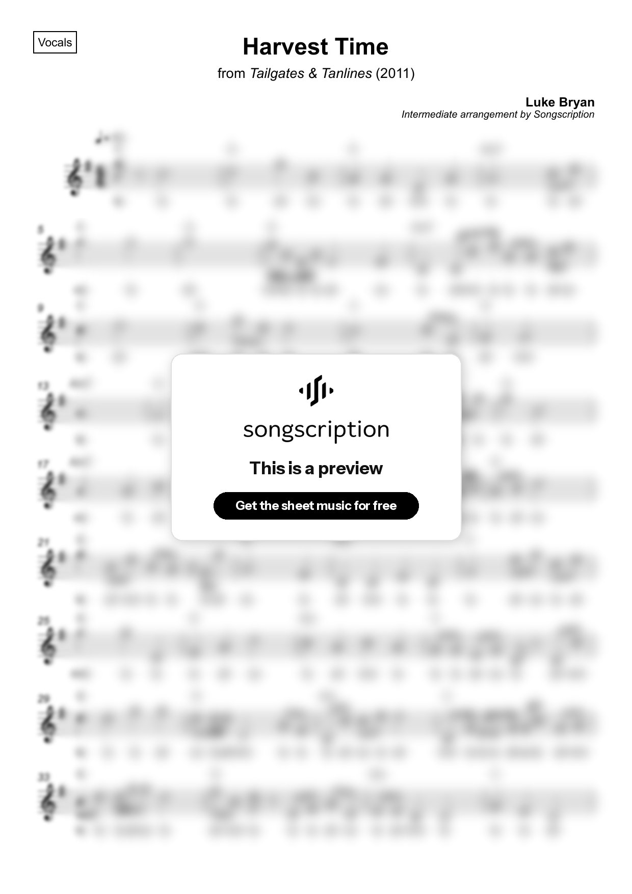 Intermediate Vocals Sheet Music for "Harvest Time" by Luke Bryan