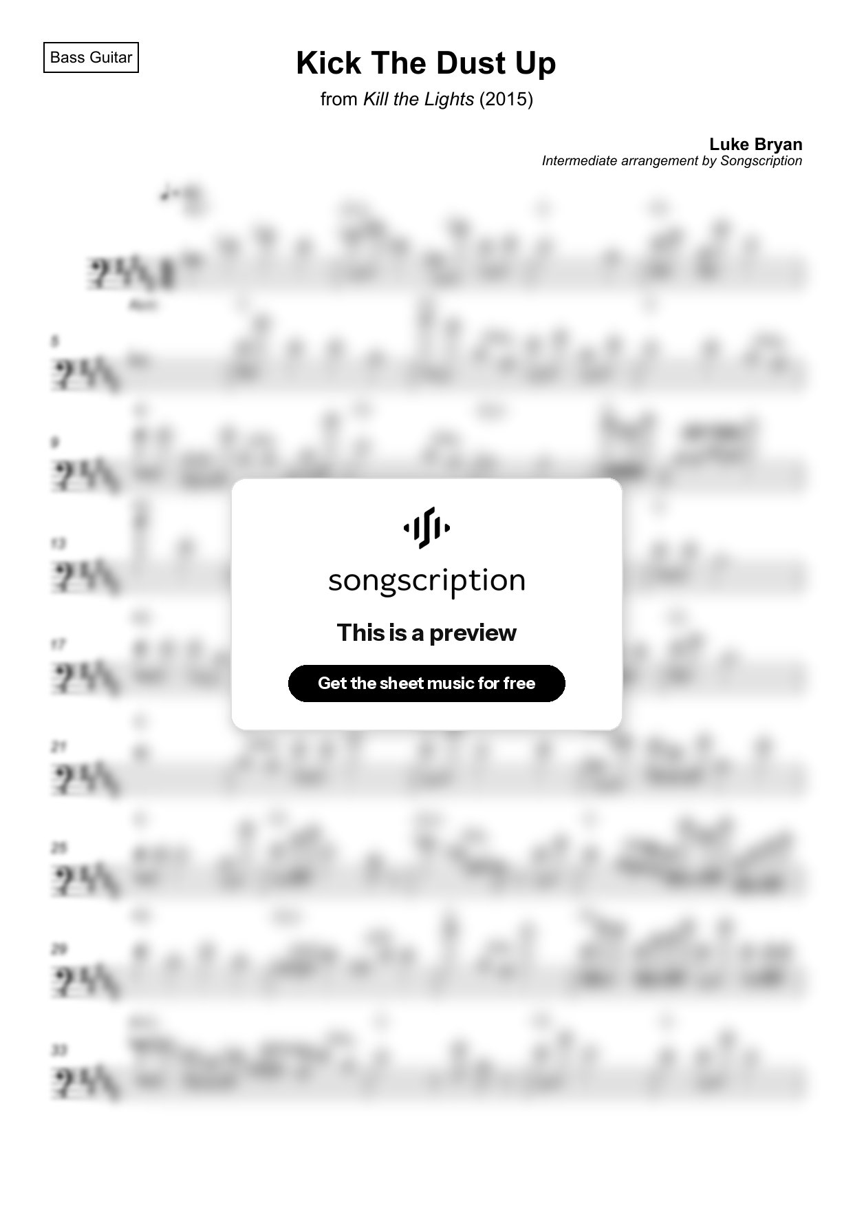 Intermediate Bass Guitar Sheet Music for "Kick The Dust Up" by Luke Bryan