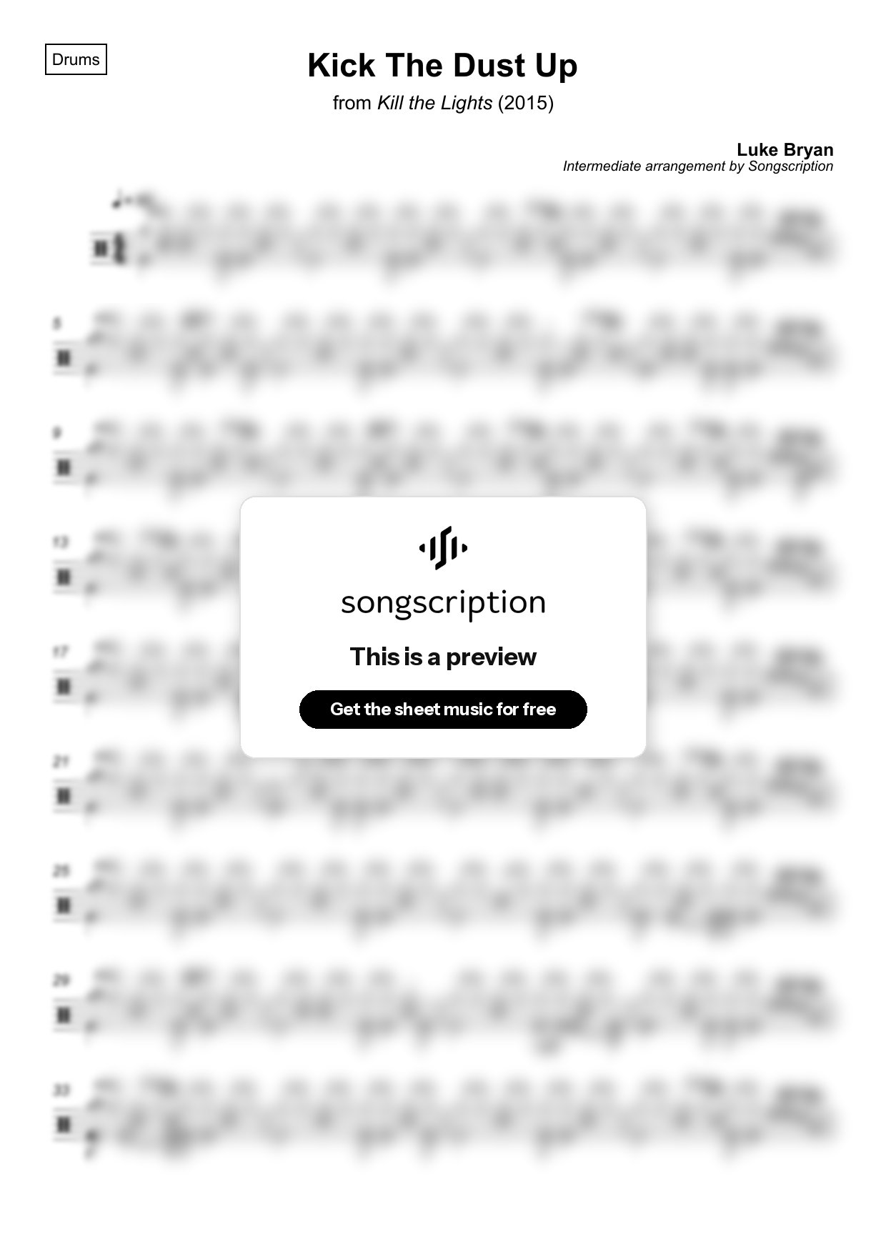 Intermediate Drums Sheet Music for "Kick The Dust Up" by Luke Bryan