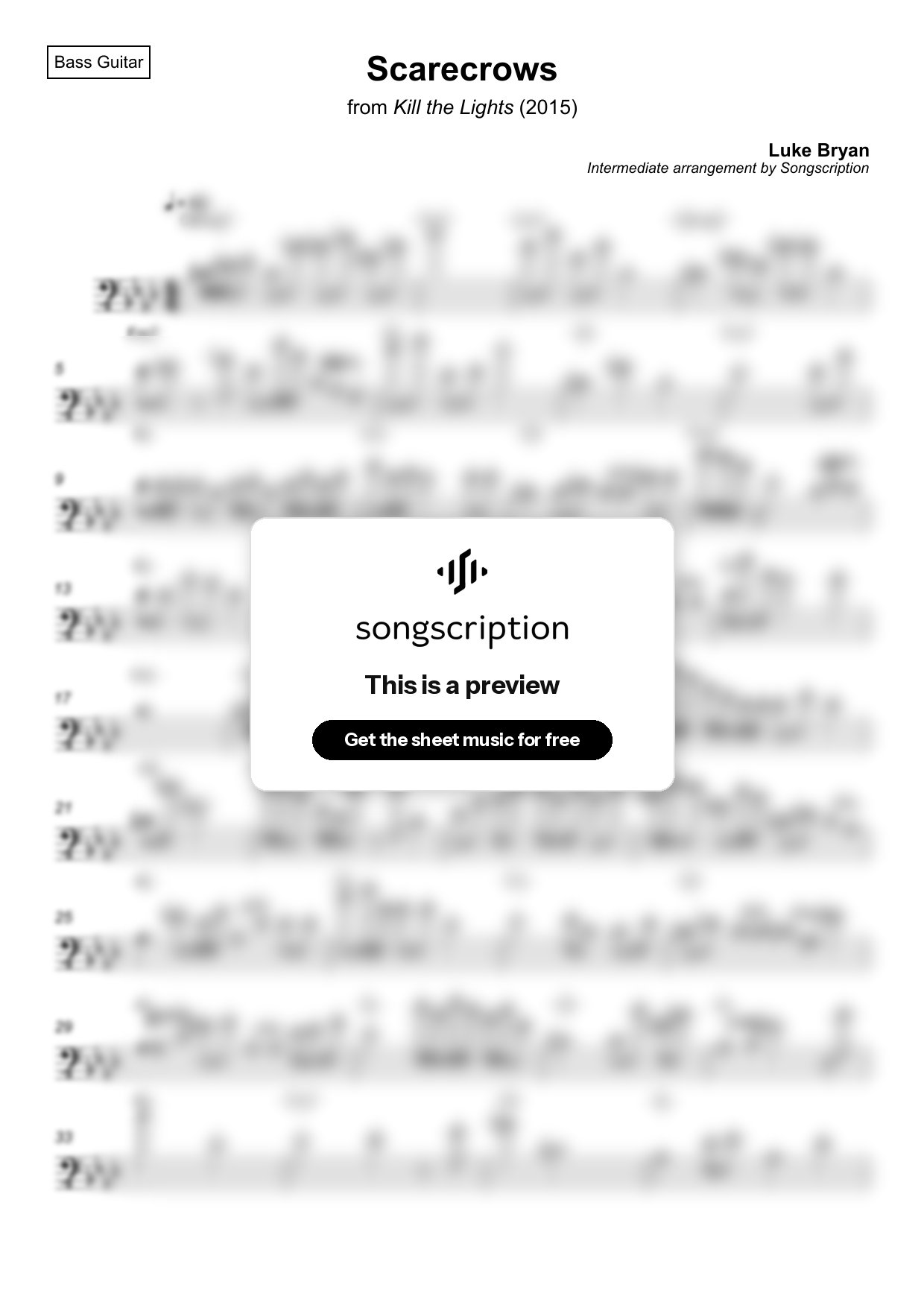 Intermediate Bass Guitar Sheet Music for "Scarecrows" by Luke Bryan