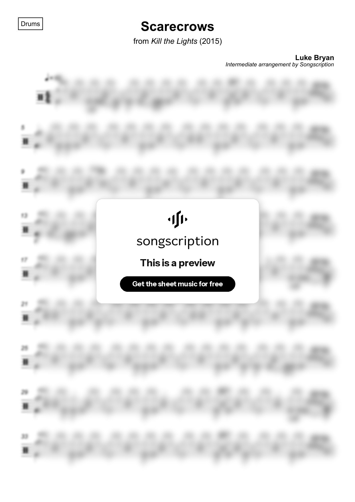 Intermediate Drums Sheet Music for "Scarecrows" by Luke Bryan