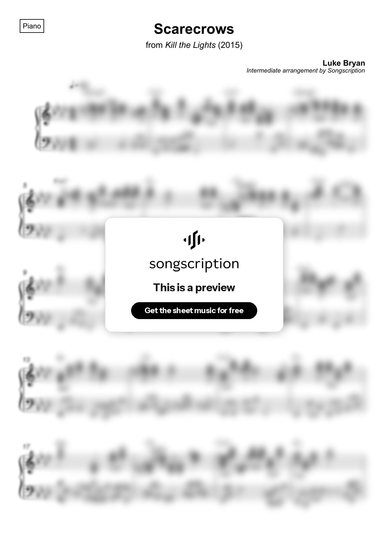 Intermediate Piano Sheet Music for "Scarecrows" by Luke Bryan
