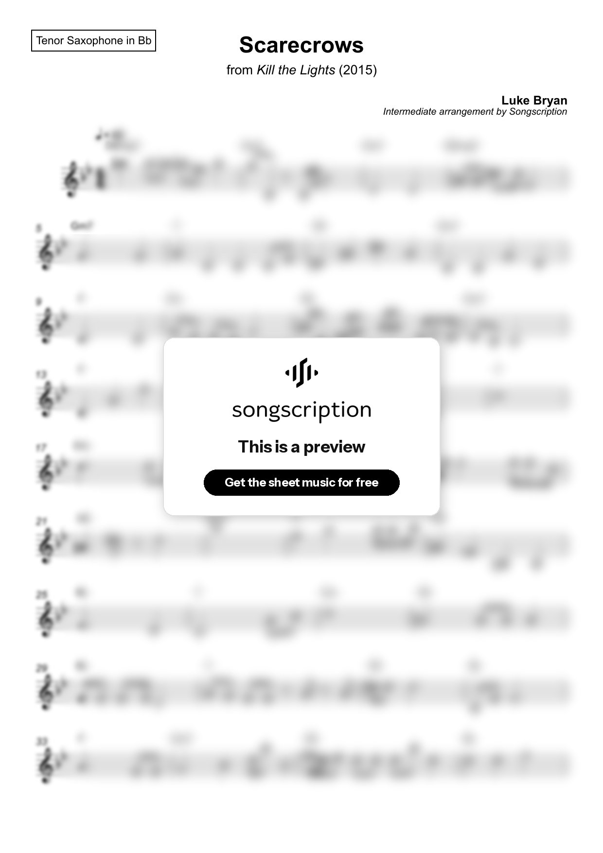 Intermediate Tenor Sax Sheet Music for "Scarecrows" by Luke Bryan