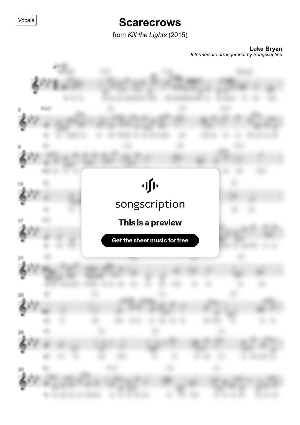 Intermediate Vocals Sheet Music for "Scarecrows" by Luke Bryan