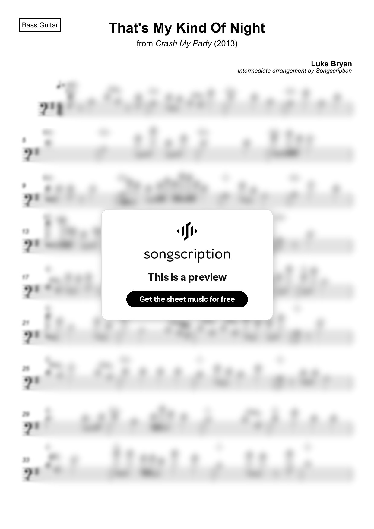 Intermediate Bass Guitar Sheet Music for "That's My Kind Of Night" by Luke Bryan