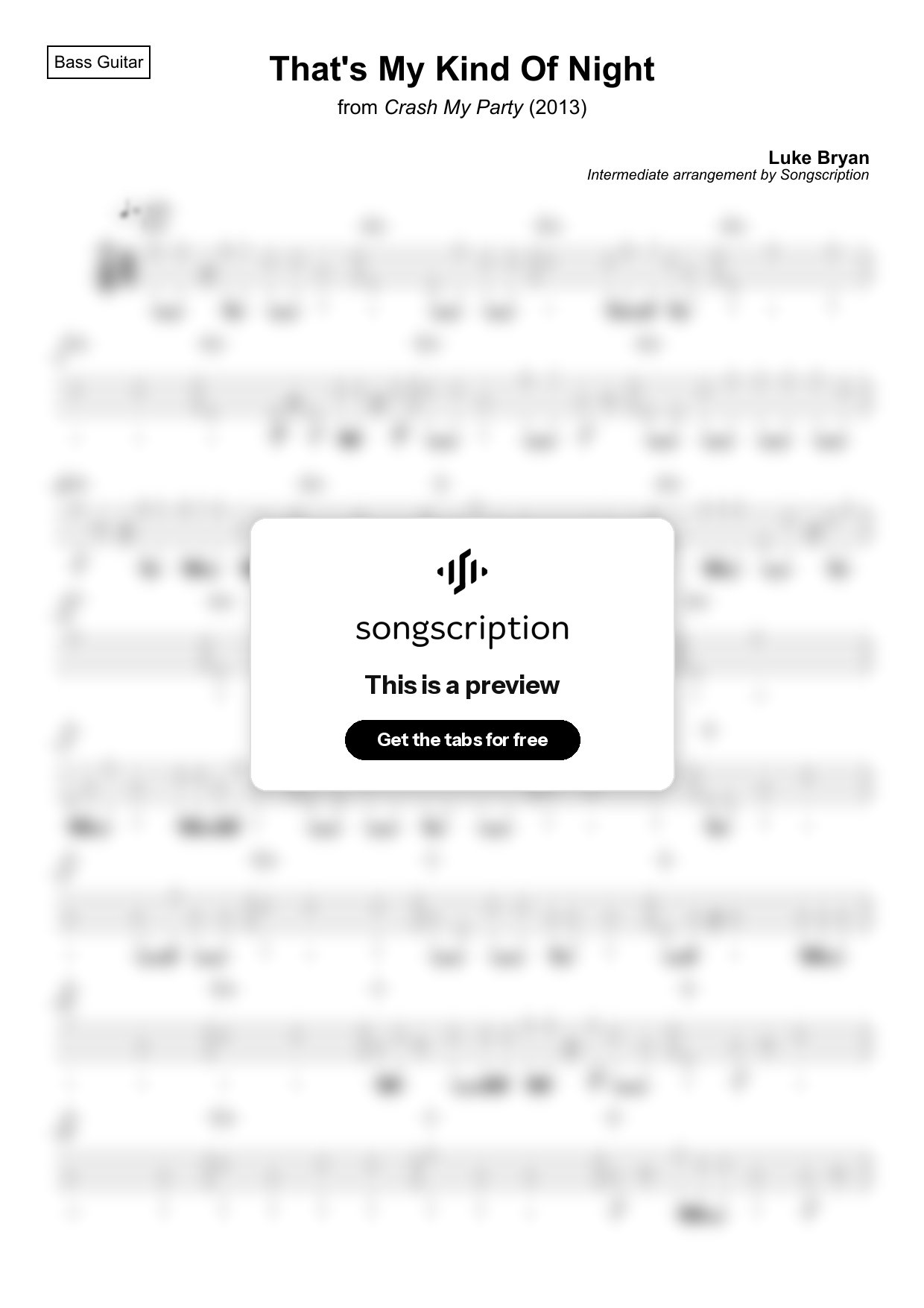 Intermediate Bass Guitar Tabs for "That's My Kind Of Night" by Luke Bryan
