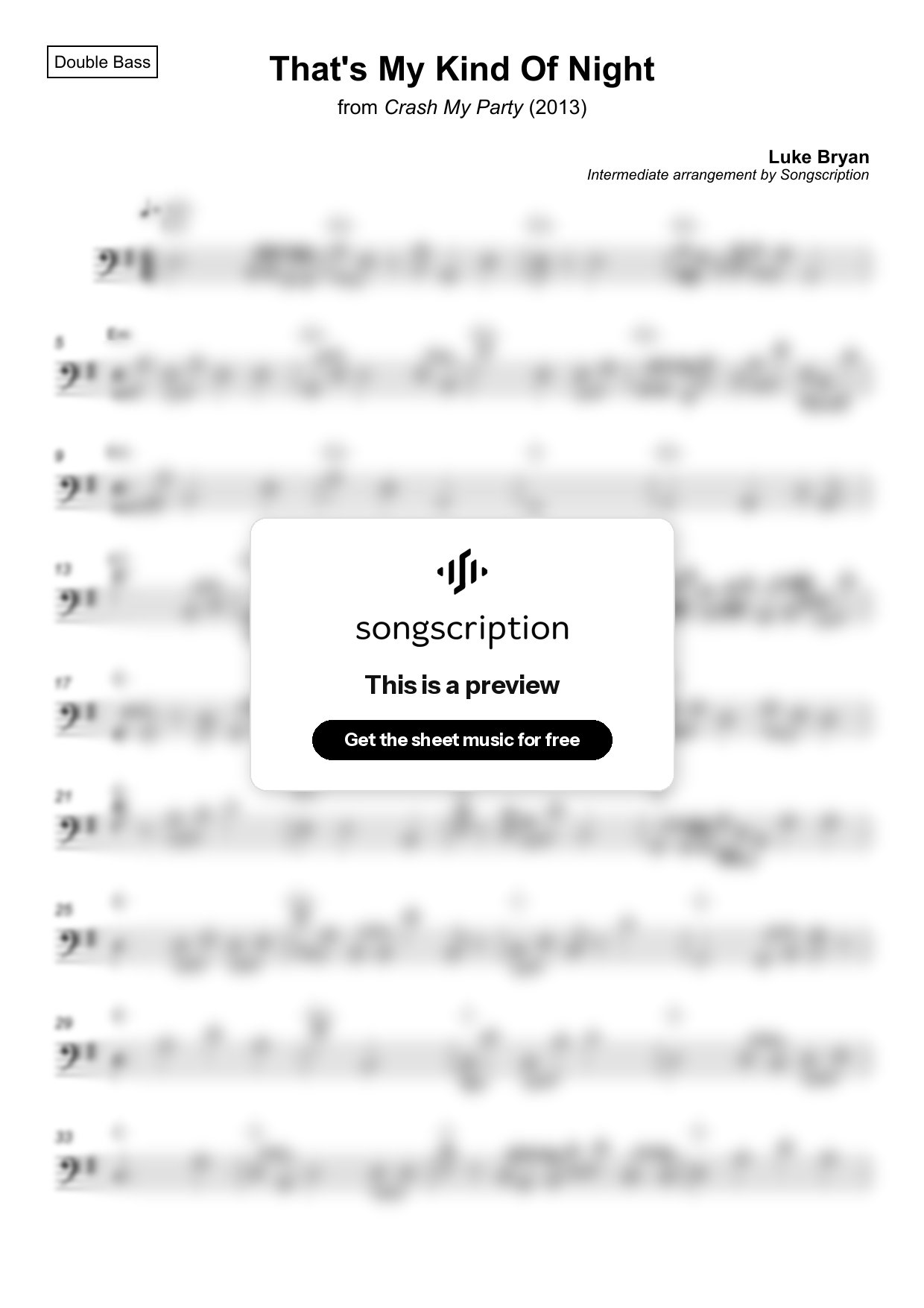 Intermediate Double Bass Sheet Music for "That's My Kind Of Night" by Luke Bryan