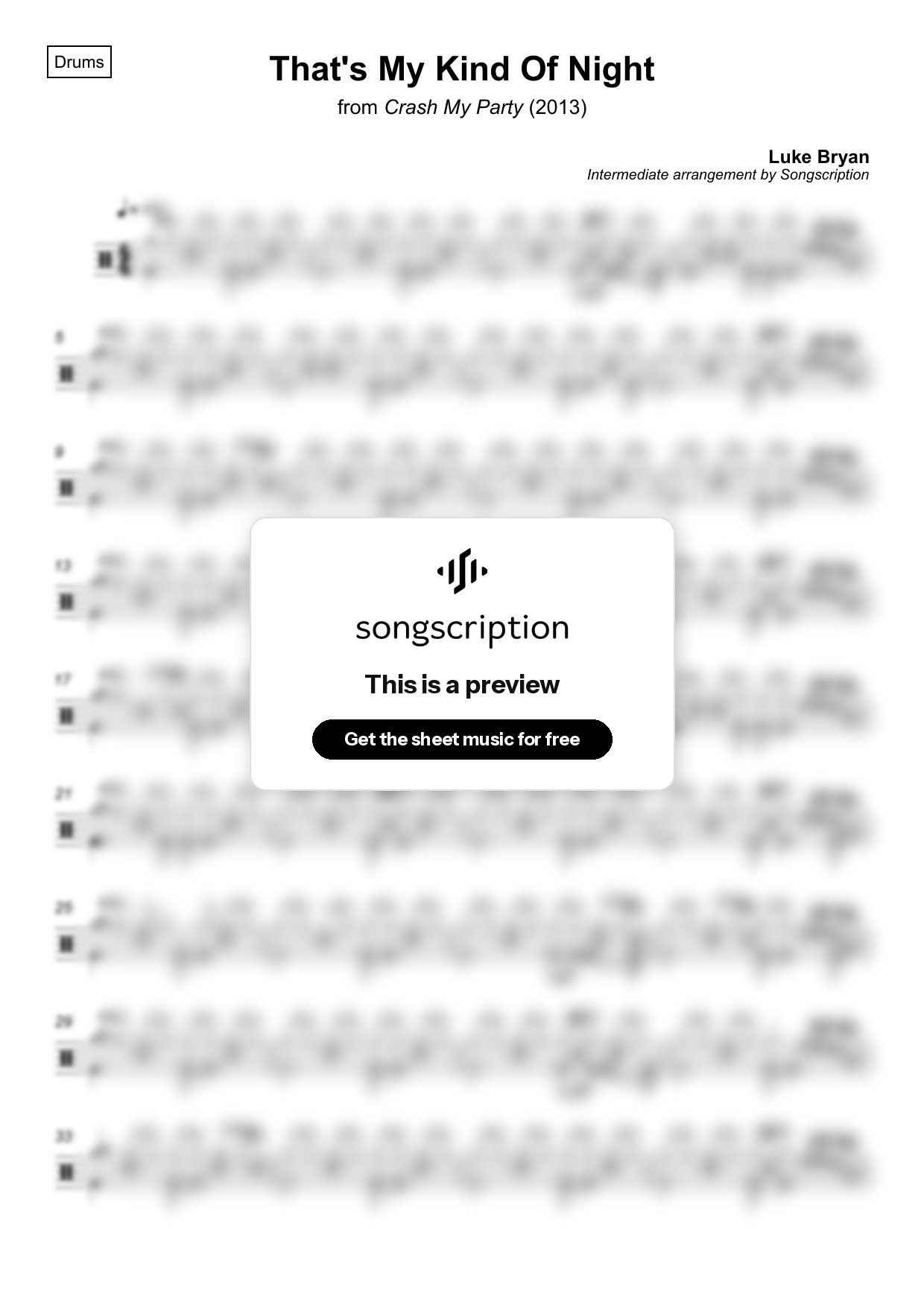 Intermediate Drums Sheet Music for "That's My Kind Of Night" by Luke Bryan