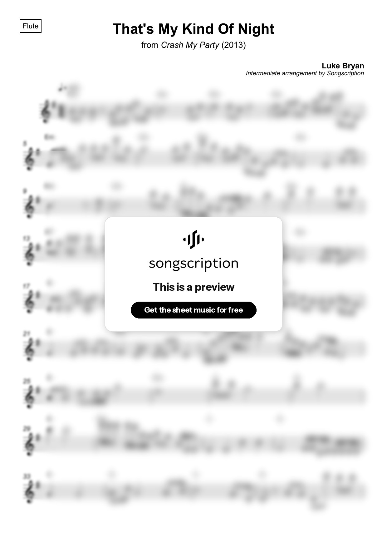 Intermediate Flute Sheet Music for "That's My Kind Of Night" by Luke Bryan
