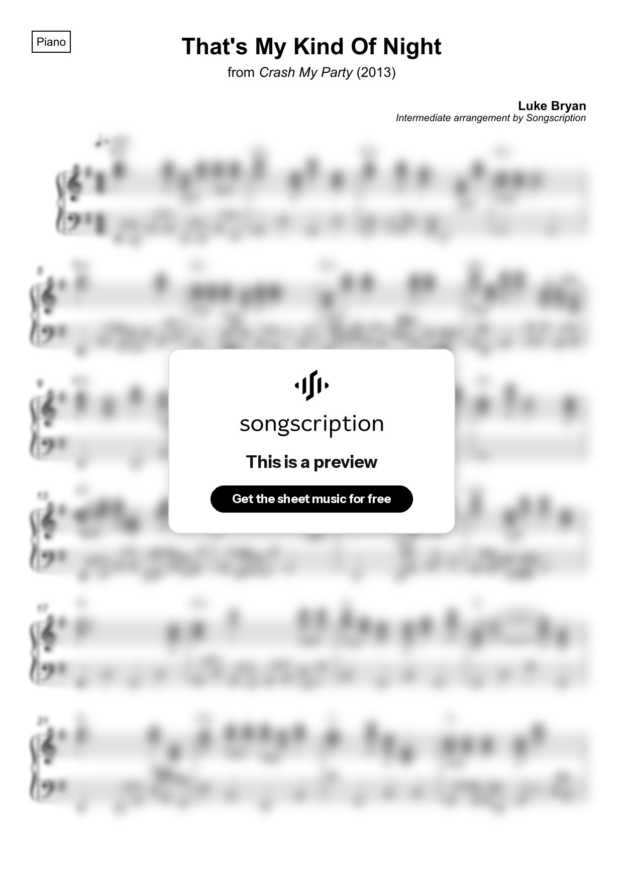 Intermediate Piano Sheet Music for "That's My Kind Of Night" by Luke Bryan