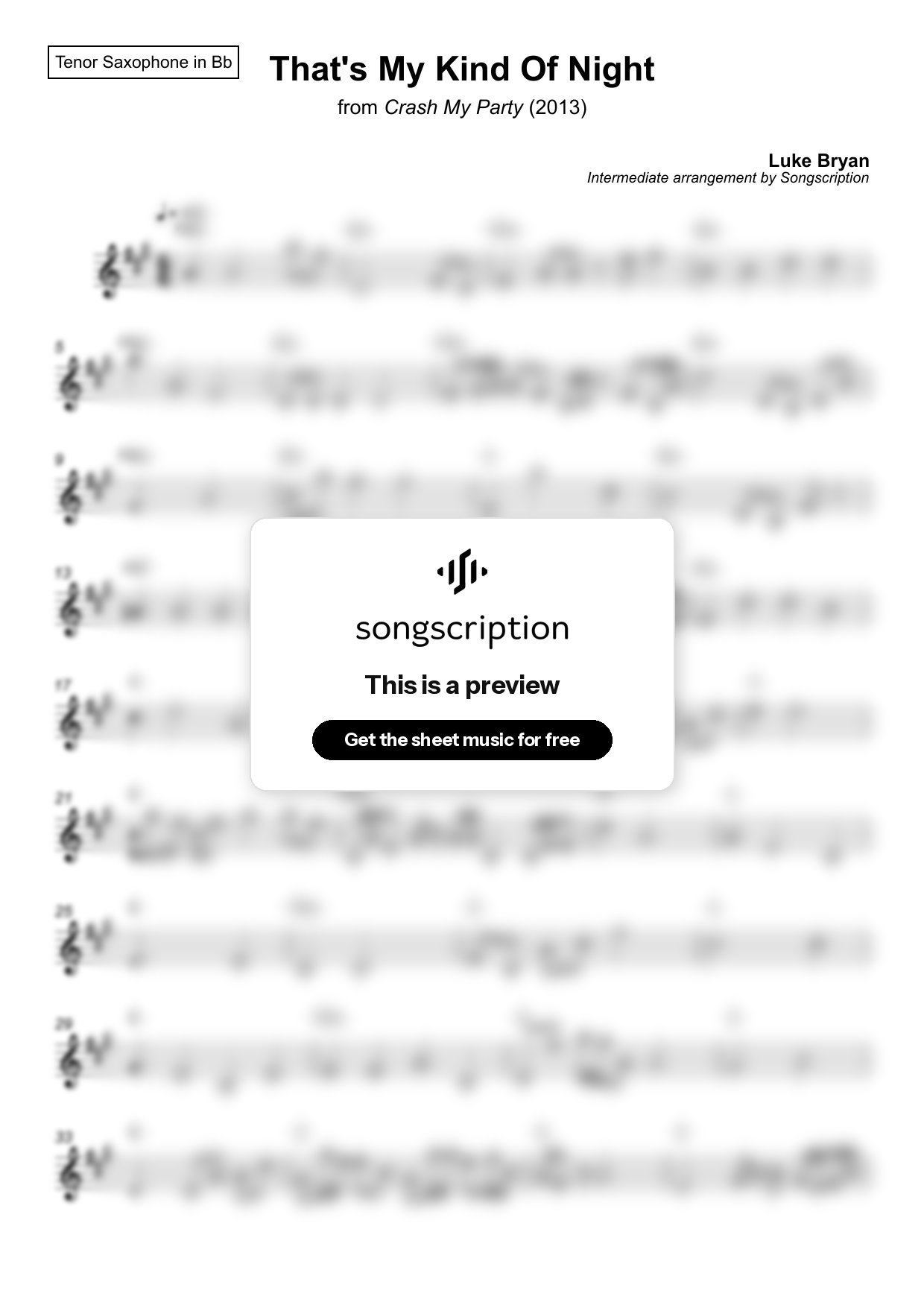 Intermediate Tenor Sax Sheet Music for "That's My Kind Of Night" by Luke Bryan