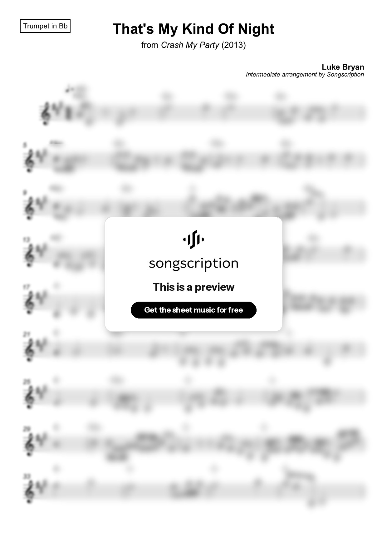 Intermediate Trumpet Sheet Music for "That's My Kind Of Night" by Luke Bryan