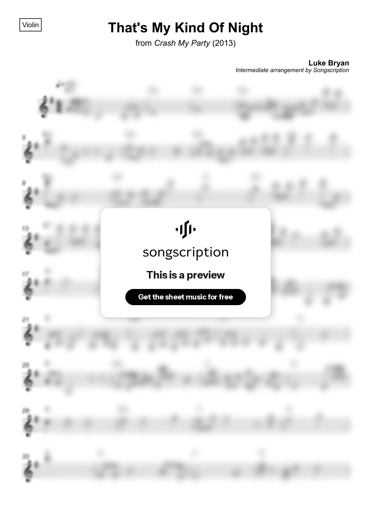Intermediate Violin Sheet Music for "That's My Kind Of Night" by Luke Bryan