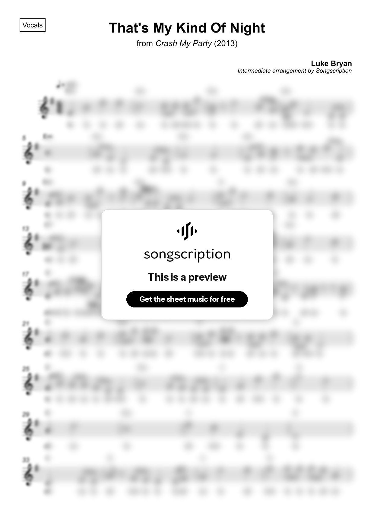 Intermediate Vocals Sheet Music for "That's My Kind Of Night" by Luke Bryan