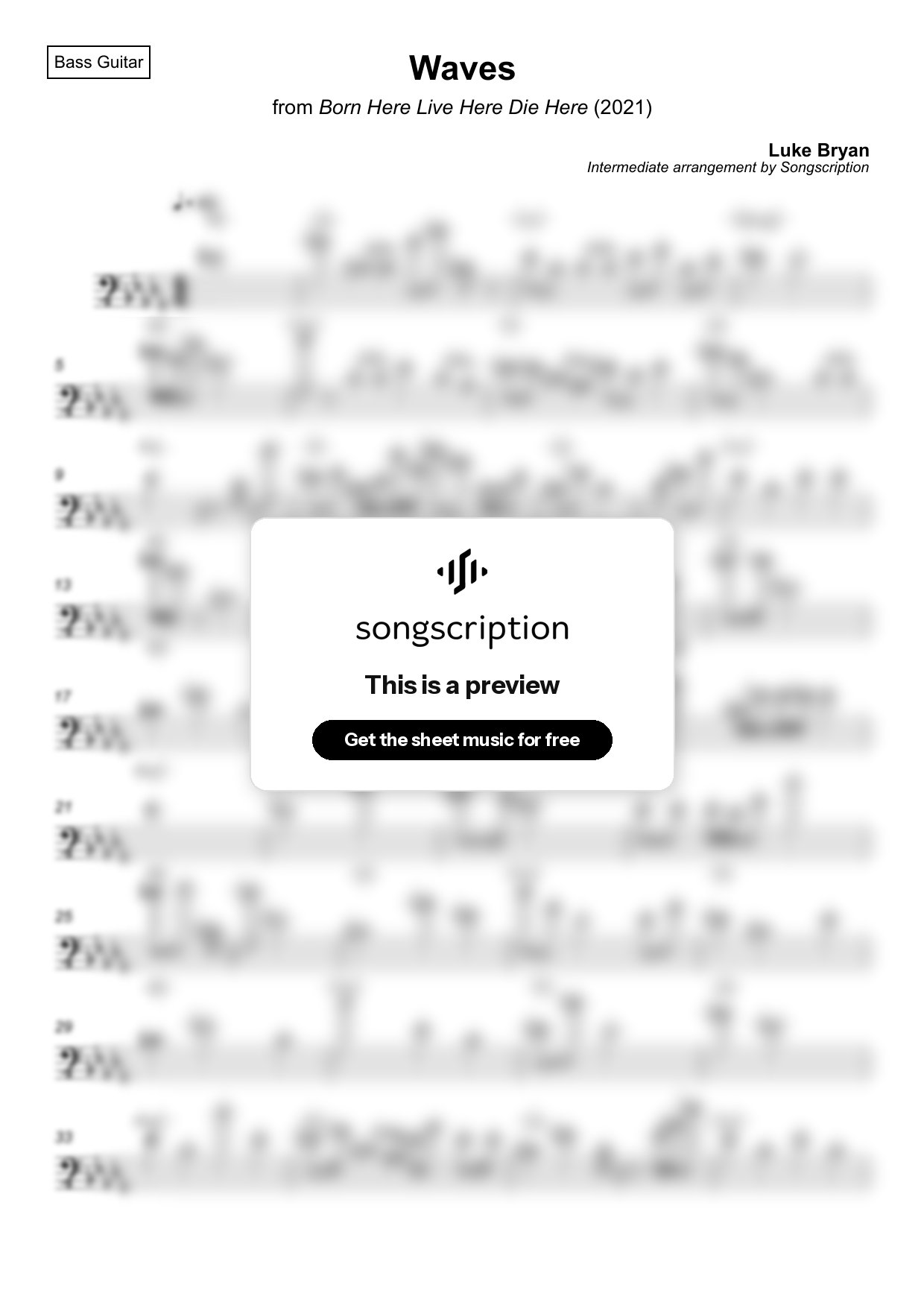 Intermediate Bass Guitar Sheet Music for "Waves" by Luke Bryan