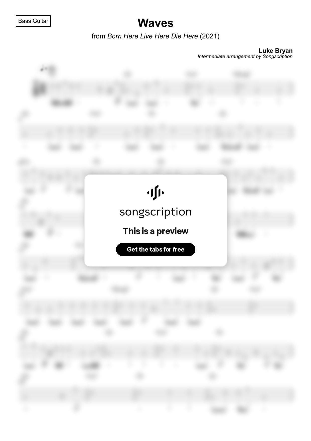 Intermediate Bass Guitar Tabs for "Waves" by Luke Bryan