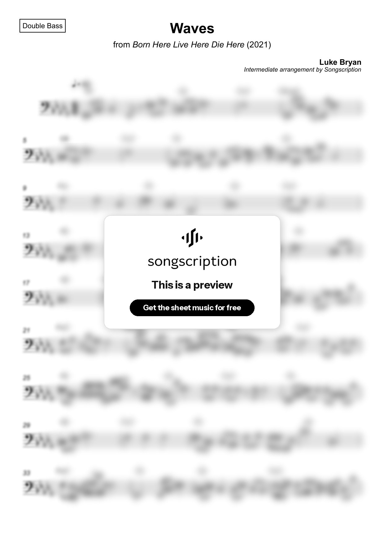 Intermediate Double Bass Sheet Music for "Waves" by Luke Bryan