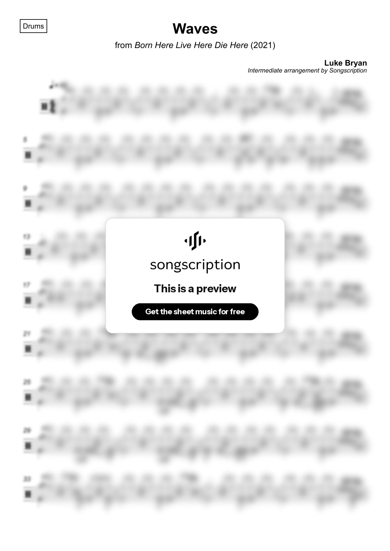 Intermediate Drums Sheet Music for "Waves" by Luke Bryan