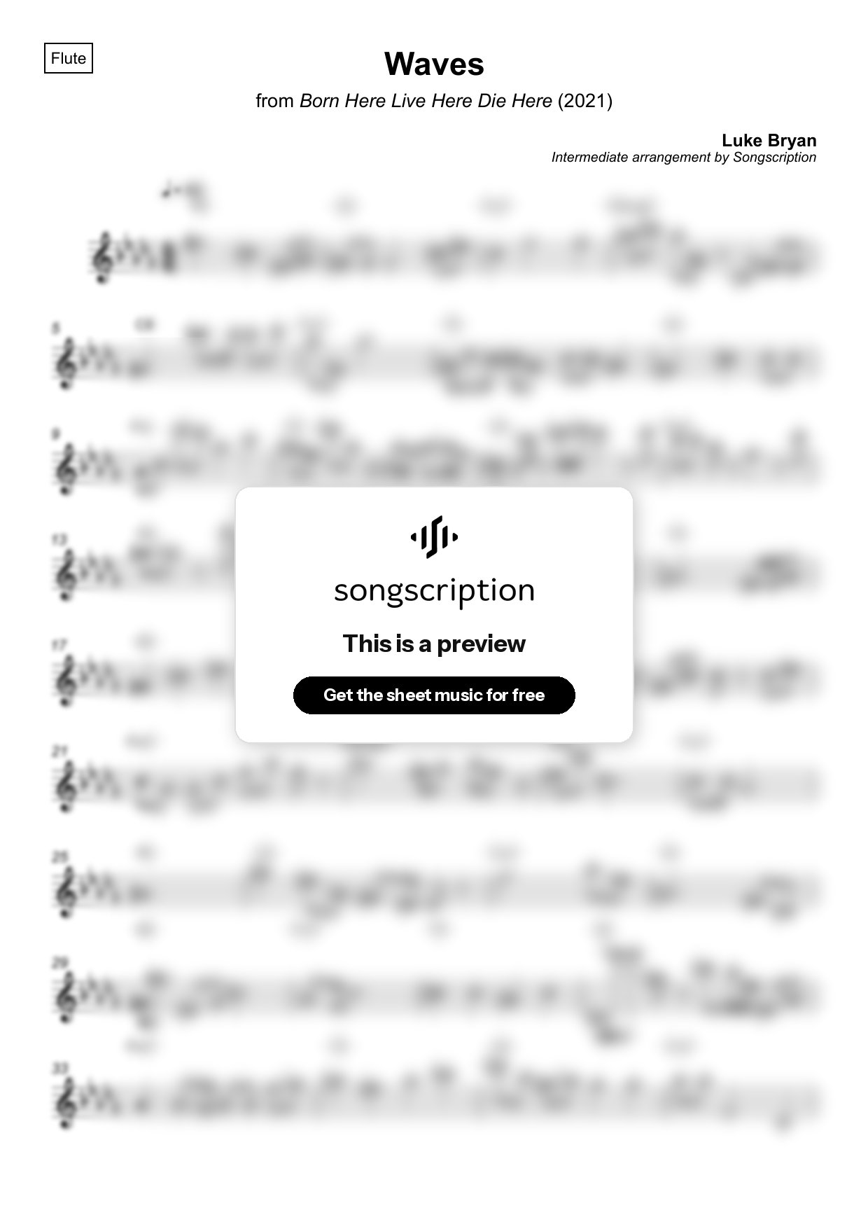 Intermediate Flute Sheet Music for "Waves" by Luke Bryan