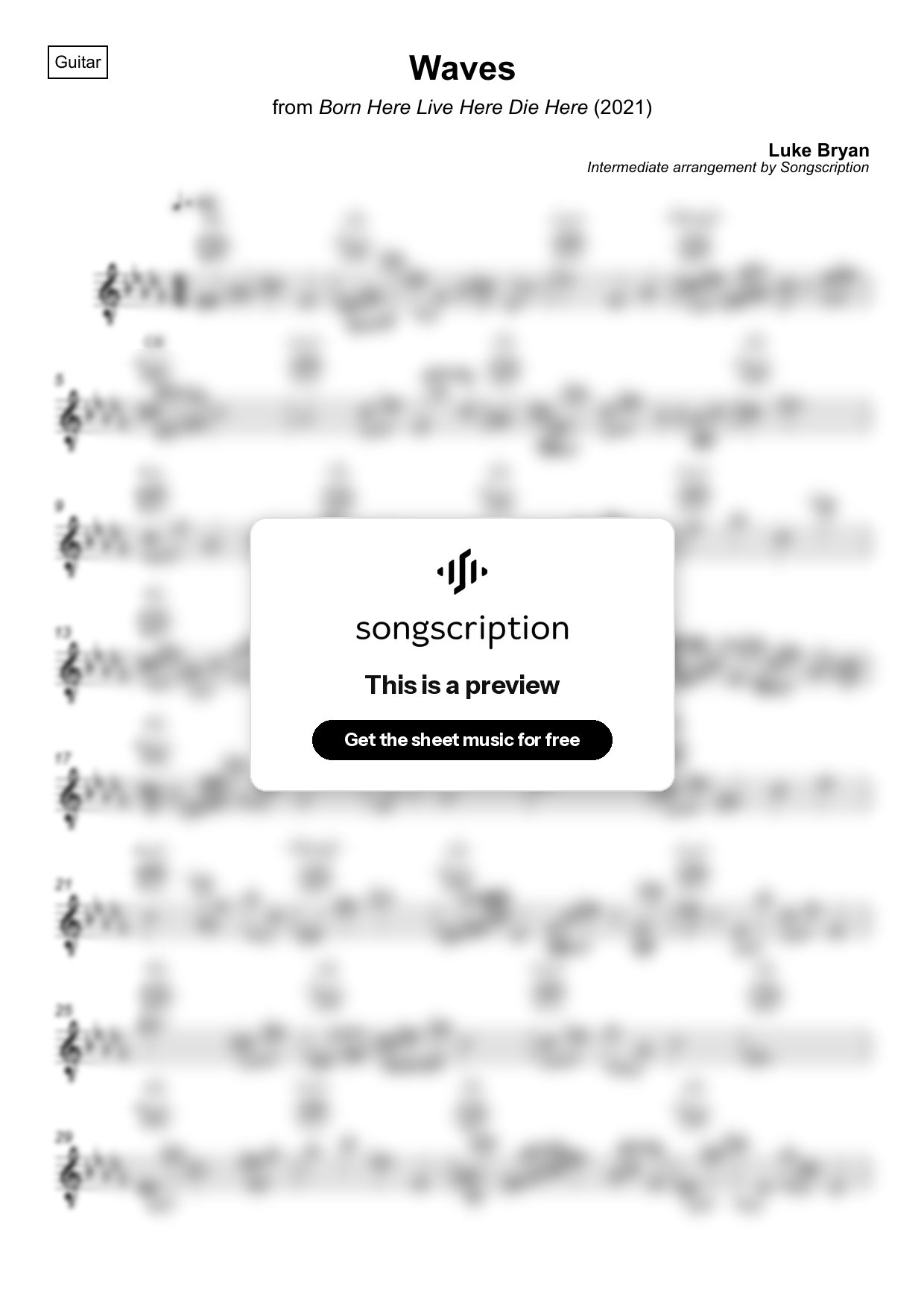 Intermediate Acoustic Guitar Sheet Music for "Waves" by Luke Bryan
