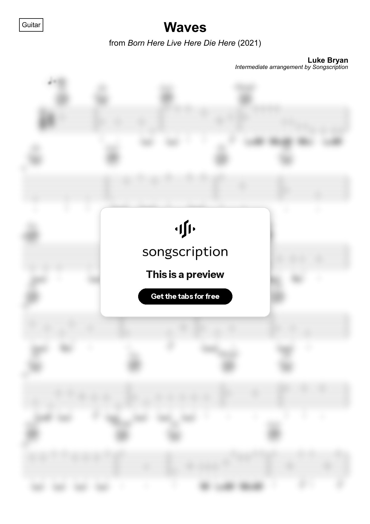 Intermediate Acoustic Guitar Tabs for "Waves" by Luke Bryan