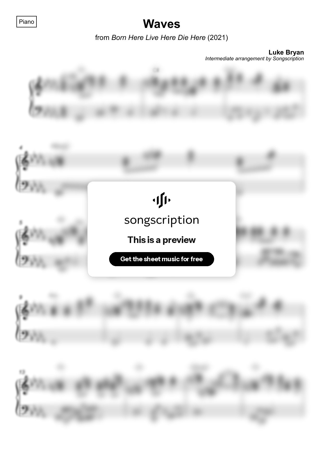 Intermediate Piano Sheet Music for "Waves" by Luke Bryan