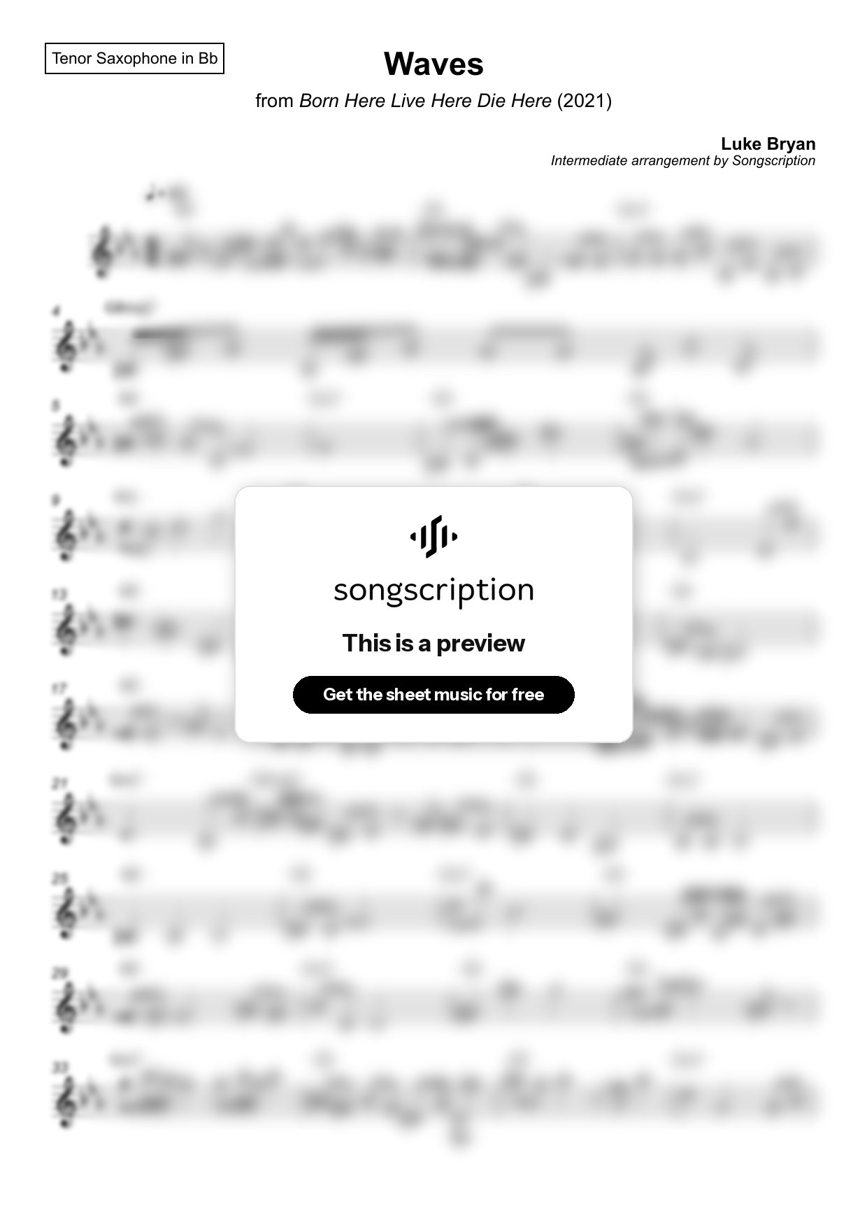 Intermediate Tenor Sax Sheet Music for "Waves" by Luke Bryan
